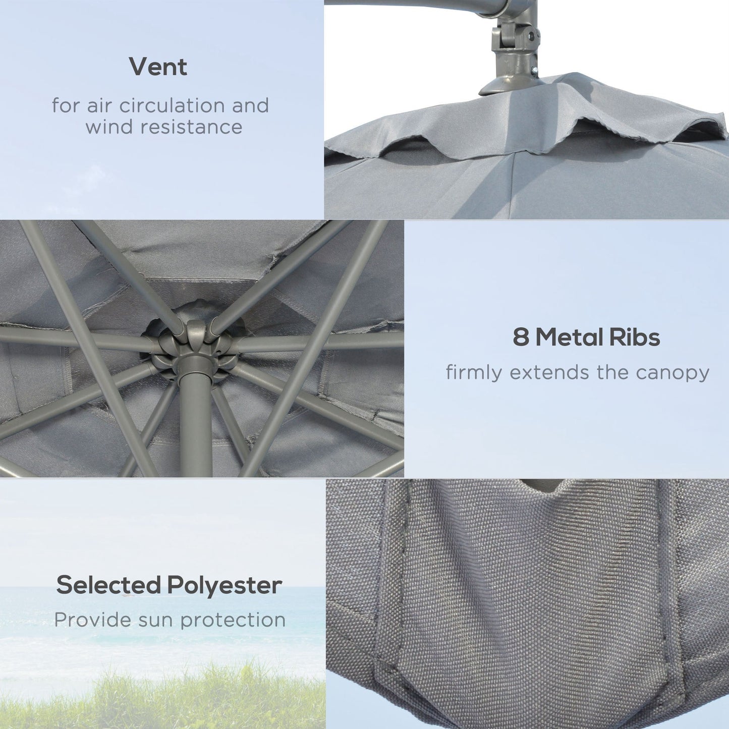3(m) Garden Banana Parasol Cantilever Umbrella with Crank Handle, Cross Base, Weights and Cover for Outdoor, Hanging Sun Shade, Grey