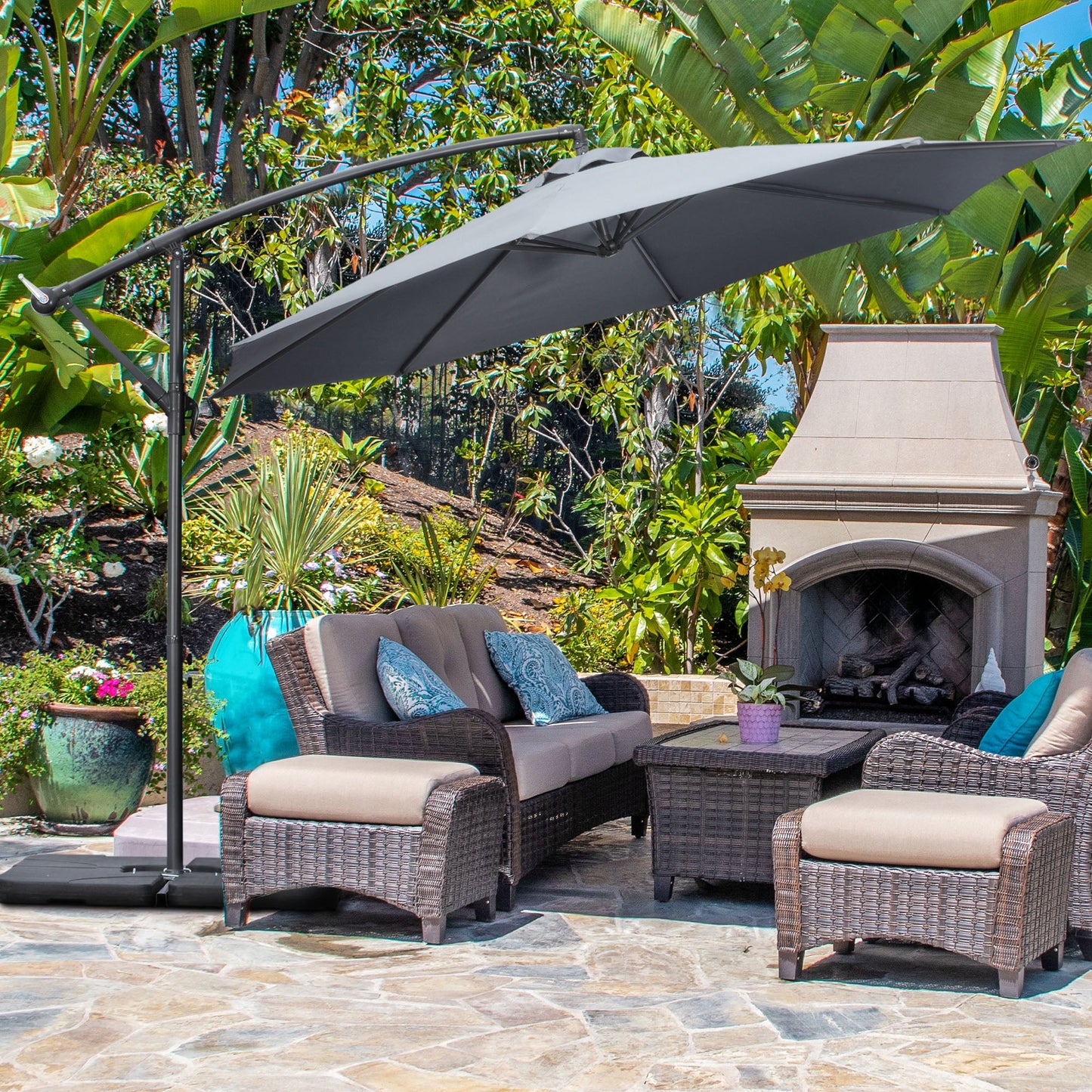 3(m) Garden Banana Parasol Cantilever Umbrella with Crank Handle, Cross Base, Weights and Cover for Outdoor, Hanging Sun Shade, Grey