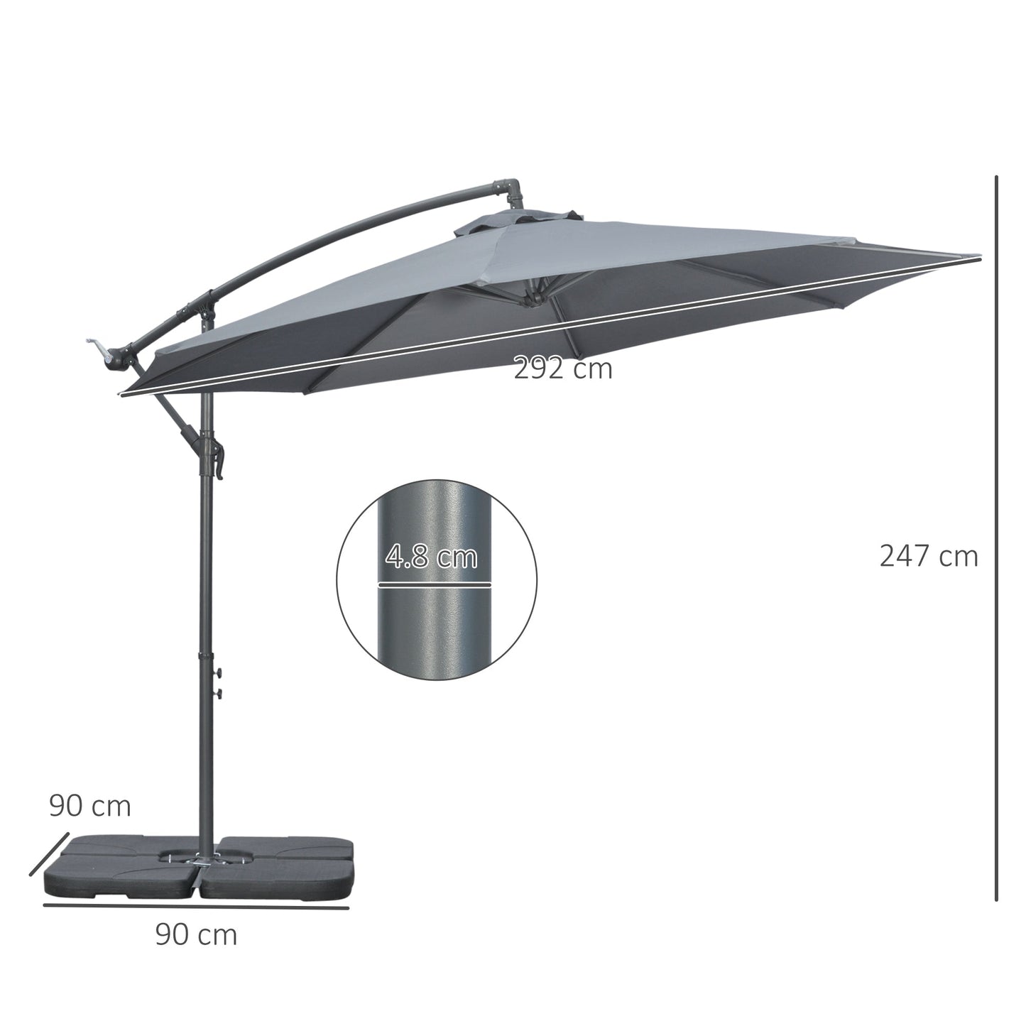 3(m) Garden Banana Parasol Cantilever Umbrella with Crank Handle, Cross Base, Weights and Cover for Outdoor, Hanging Sun Shade, Grey