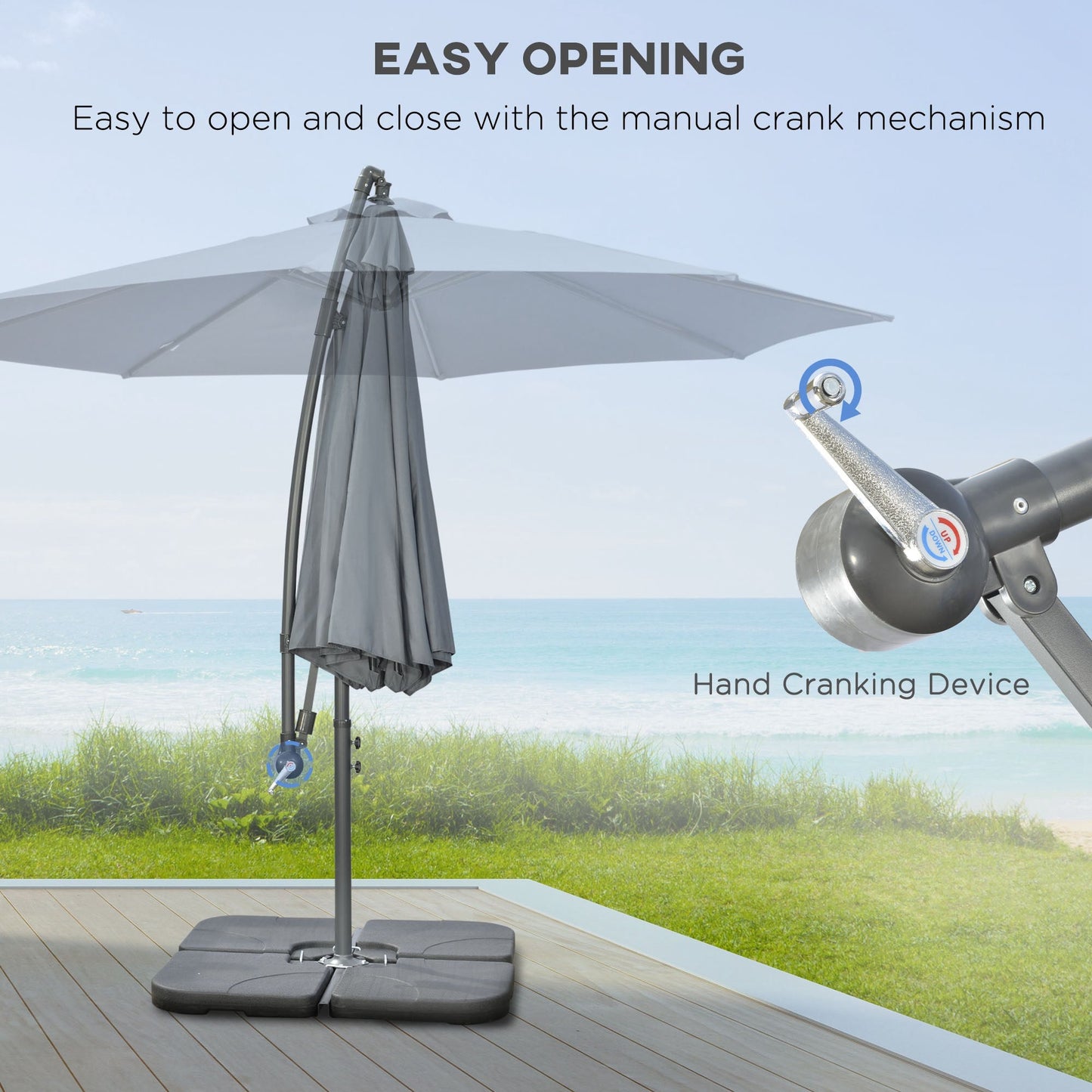 3(m) Garden Banana Parasol Cantilever Umbrella with Crank Handle, Cross Base, Weights and Cover for Outdoor, Hanging Sun Shade, Grey