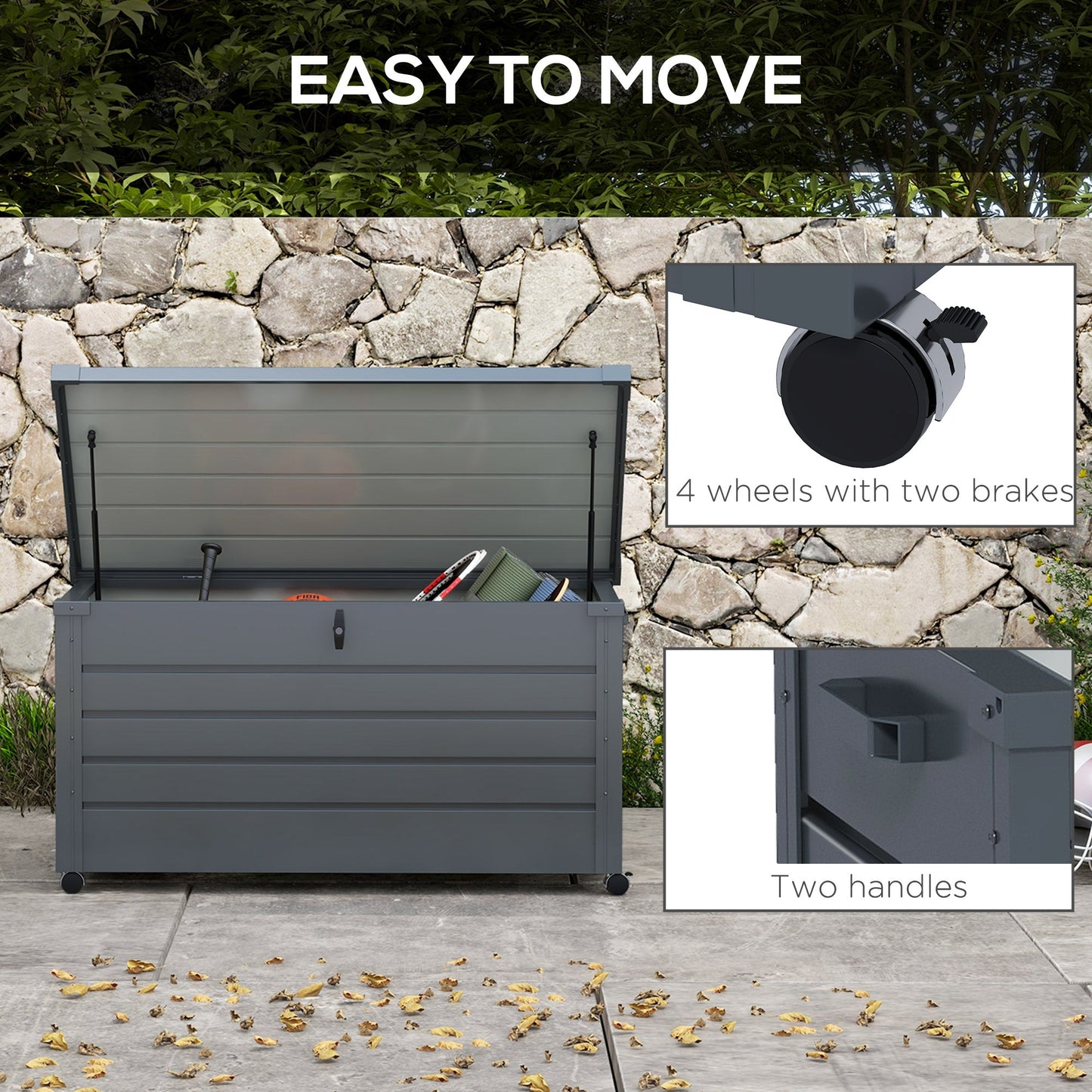 331 Litre Garden Storage Box, Waterproof Outdoor Storage Box with Wheels and Handles, Lockable Galvanised Steel Outside Deck Box Organiser for Tools, Cushions, Dark Grey