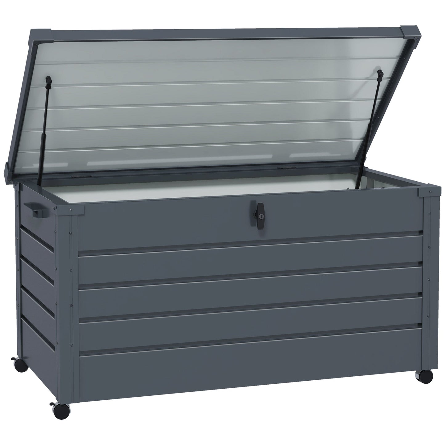 331 Litre Garden Storage Box, Waterproof Outdoor Storage Box with Wheels and Handles, Lockable Galvanised Steel Outside Deck Box Organiser for Tools, Cushions, Dark Grey