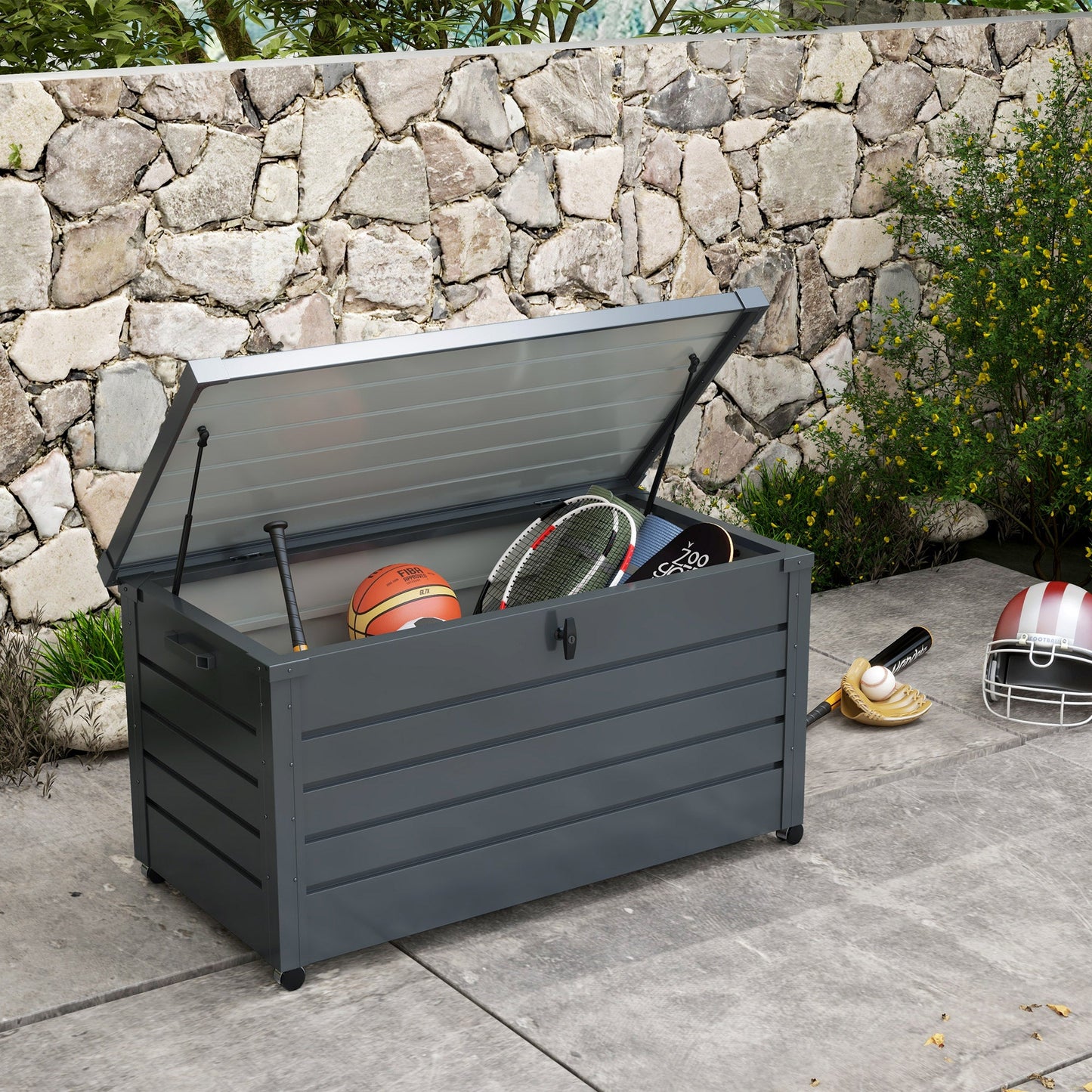 331 Litre Garden Storage Box, Waterproof Outdoor Storage Box with Wheels and Handles, Lockable Galvanised Steel Outside Deck Box Organiser for Tools, Cushions, Dark Grey