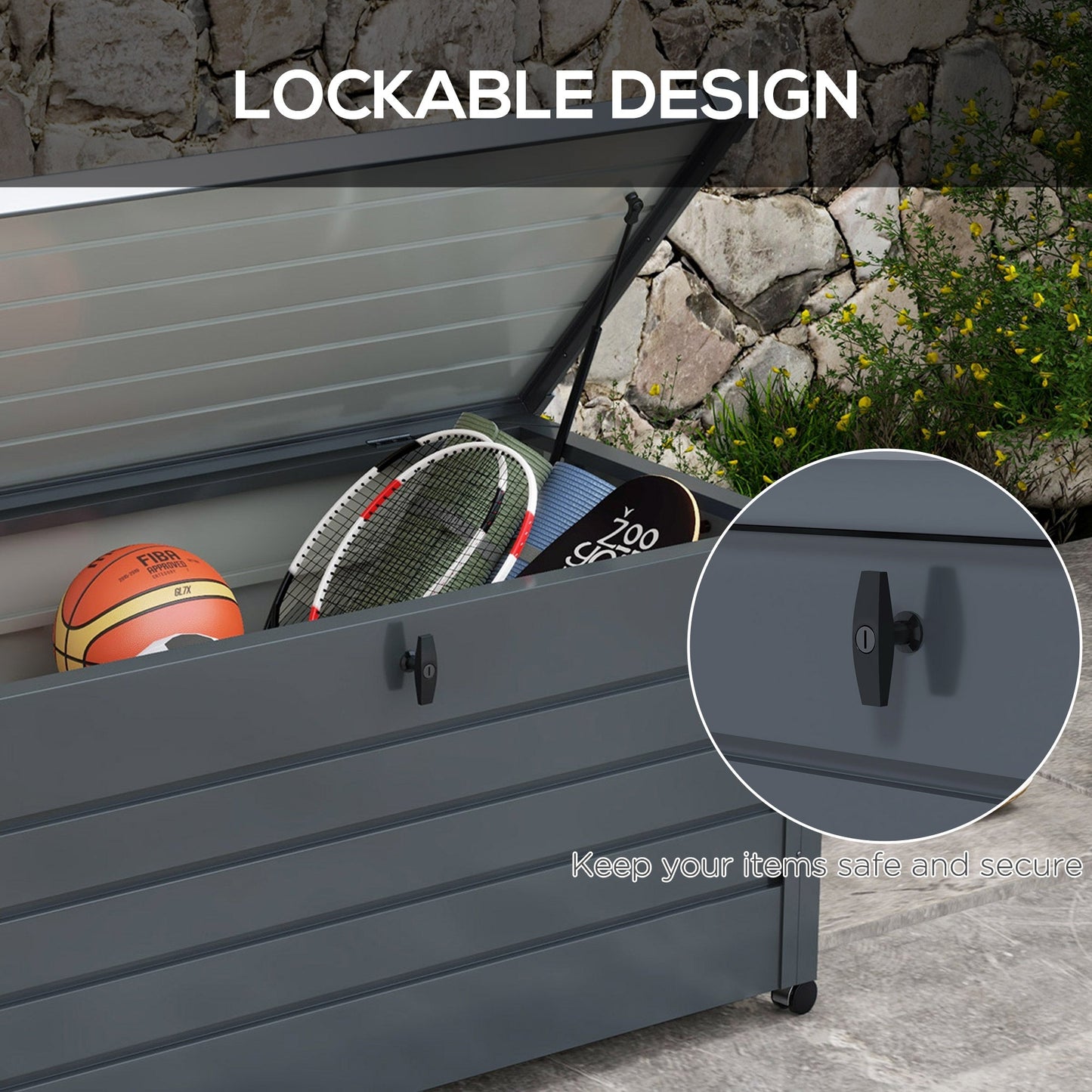 331 Litre Garden Storage Box, Waterproof Outdoor Storage Box with Wheels and Handles, Lockable Galvanised Steel Outside Deck Box Organiser for Tools, Cushions, Dark Grey