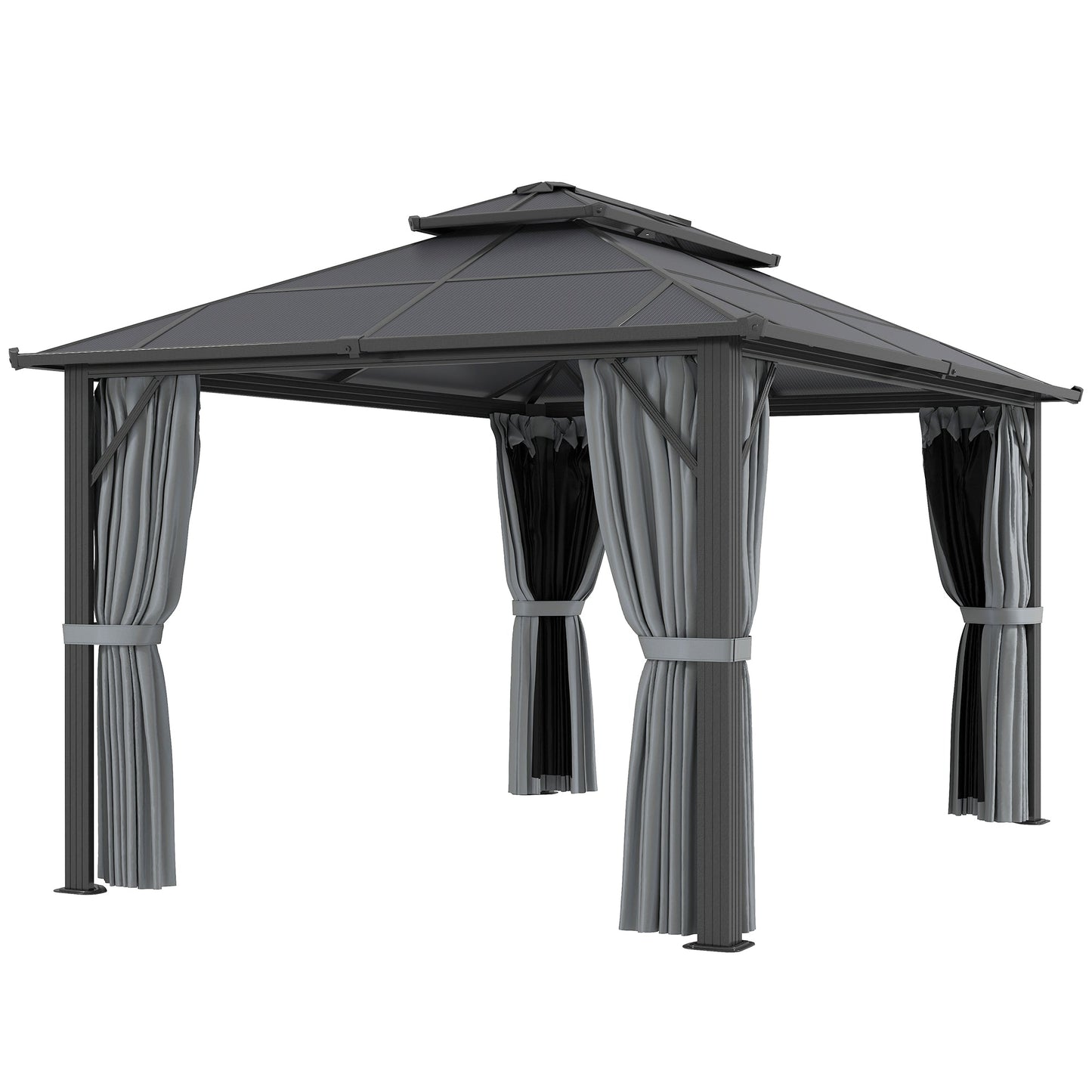 3 x 4m Hardtop Gazebo Canopy with UPF30+ Double Polycarbonate Roof, Aluminium Frame Garden Gazebo Permanent Pavilion with Mosquito Netting and Curtains for Patio, Deck, Grey