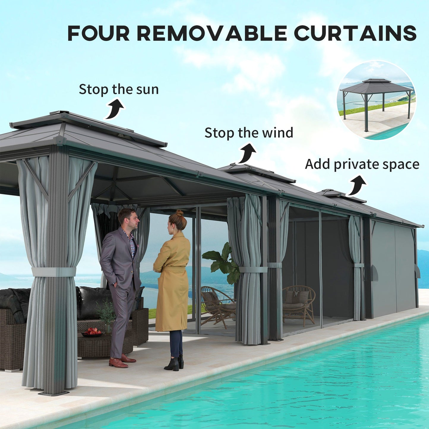 3 x 4m Hardtop Gazebo Canopy with UPF30+ Double Polycarbonate Roof, Aluminium Frame Garden Gazebo Permanent Pavilion with Mosquito Netting and Curtains for Patio, Deck, Grey