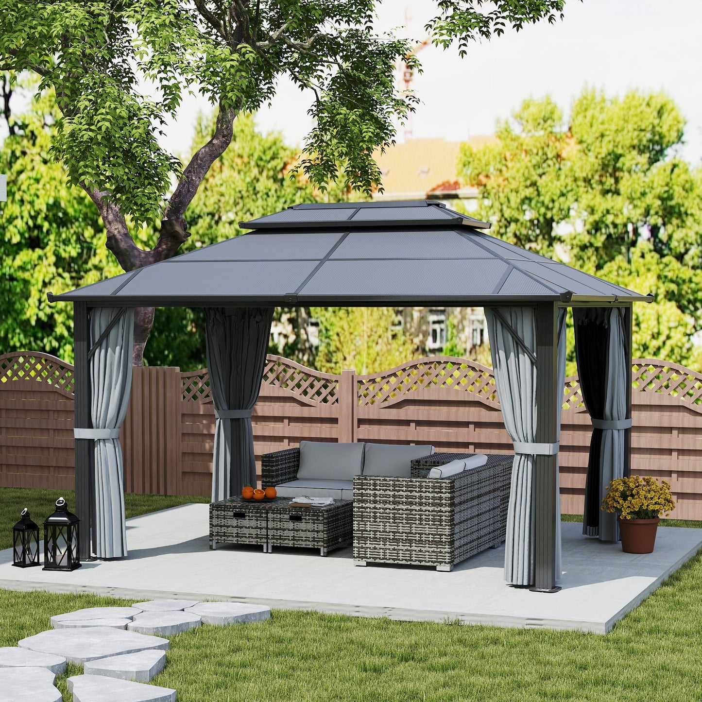 3 x 4m Hardtop Gazebo Canopy with UPF30+ Double Polycarbonate Roof, Aluminium Frame Garden Gazebo Permanent Pavilion with Mosquito Netting and Curtains for Patio, Deck, Grey