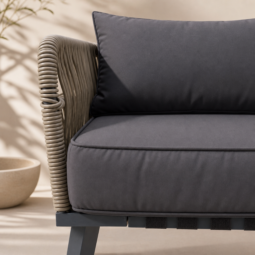 ARVOYA 4-Piece Rattan Conversation Set with Loveseat, 2 Armchairs & Acacia Table, Grey