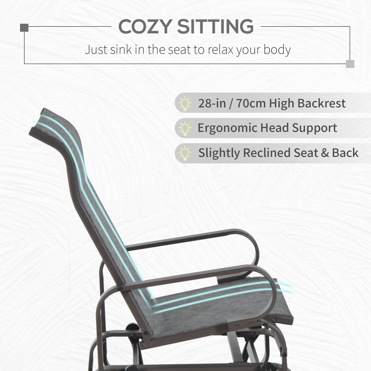Outdoor Gliding Rocking Chair with Sturdy Metal Frame Garden Comfortable Swing Chair for Patio, Garden and Poolside, Grey