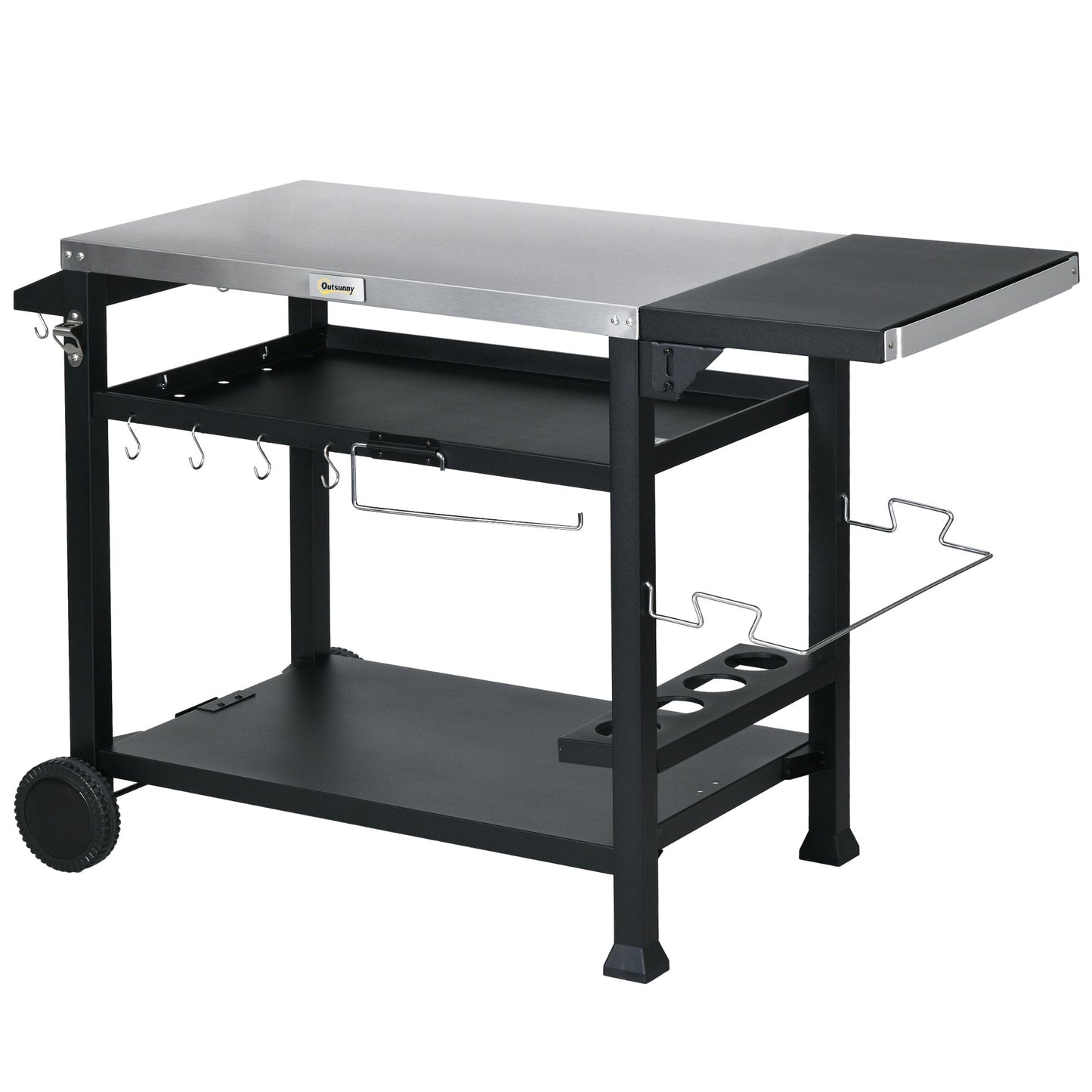 Outdoor Grill Dining Cart with Foldable Side table, Stainless Steel Top, Portable BBQ Trolley with 2 Wheels, 6 Hooks, 3-Shelf Movable Food Prep Pizza Oven Table for Kitchen, Patio, Garden