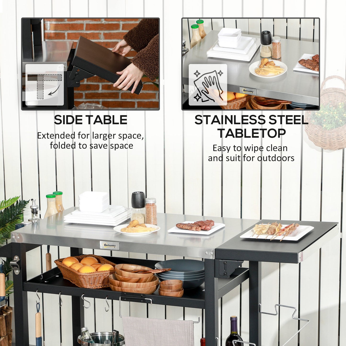 Outdoor Grill Dining Cart with Foldable Side table, Stainless Steel Top, Portable BBQ Trolley with 2 Wheels, 6 Hooks, 3-Shelf Movable Food Prep Pizza Oven Table for Kitchen, Patio, Garden