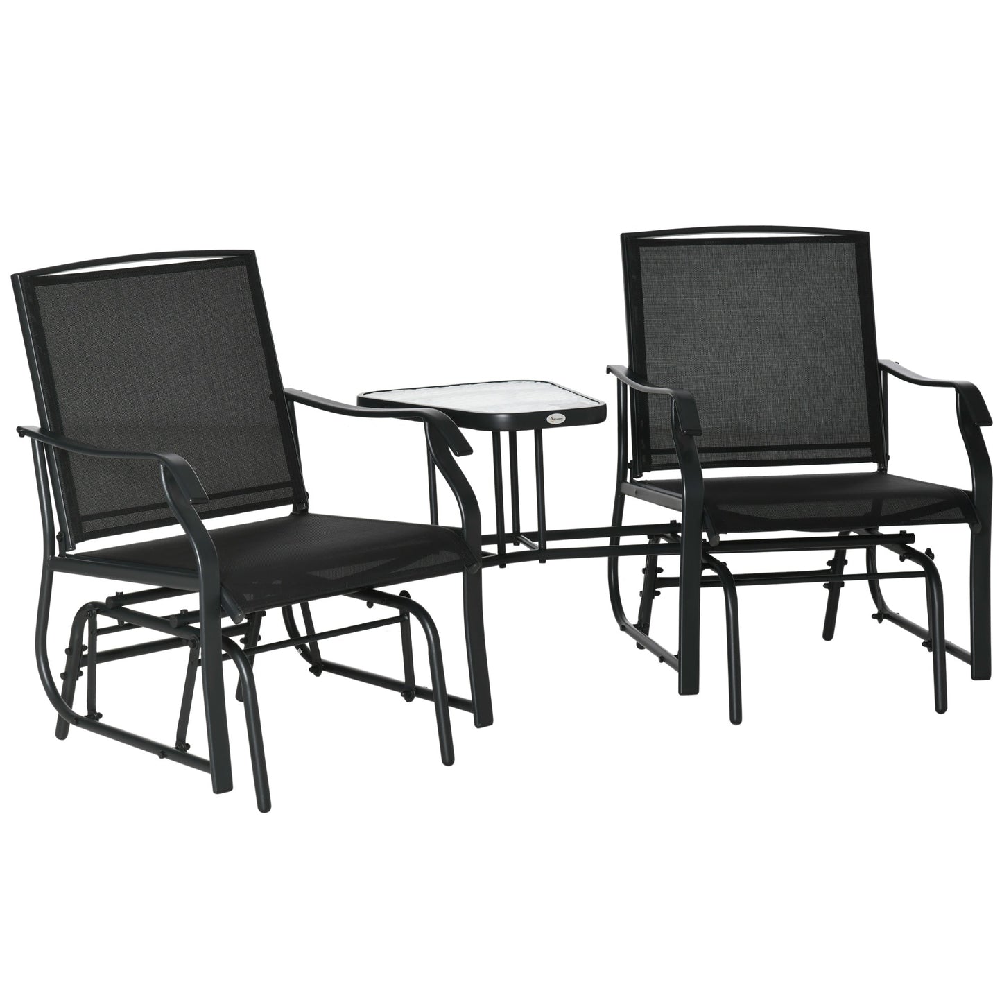 Outdoor Double Glider Rocking Chairs with Glass Top Middle Table, Metal Gliding Love Seat Conversation Furniture with Breathable Mesh Fabric Seat, for Garden, Patio, Black