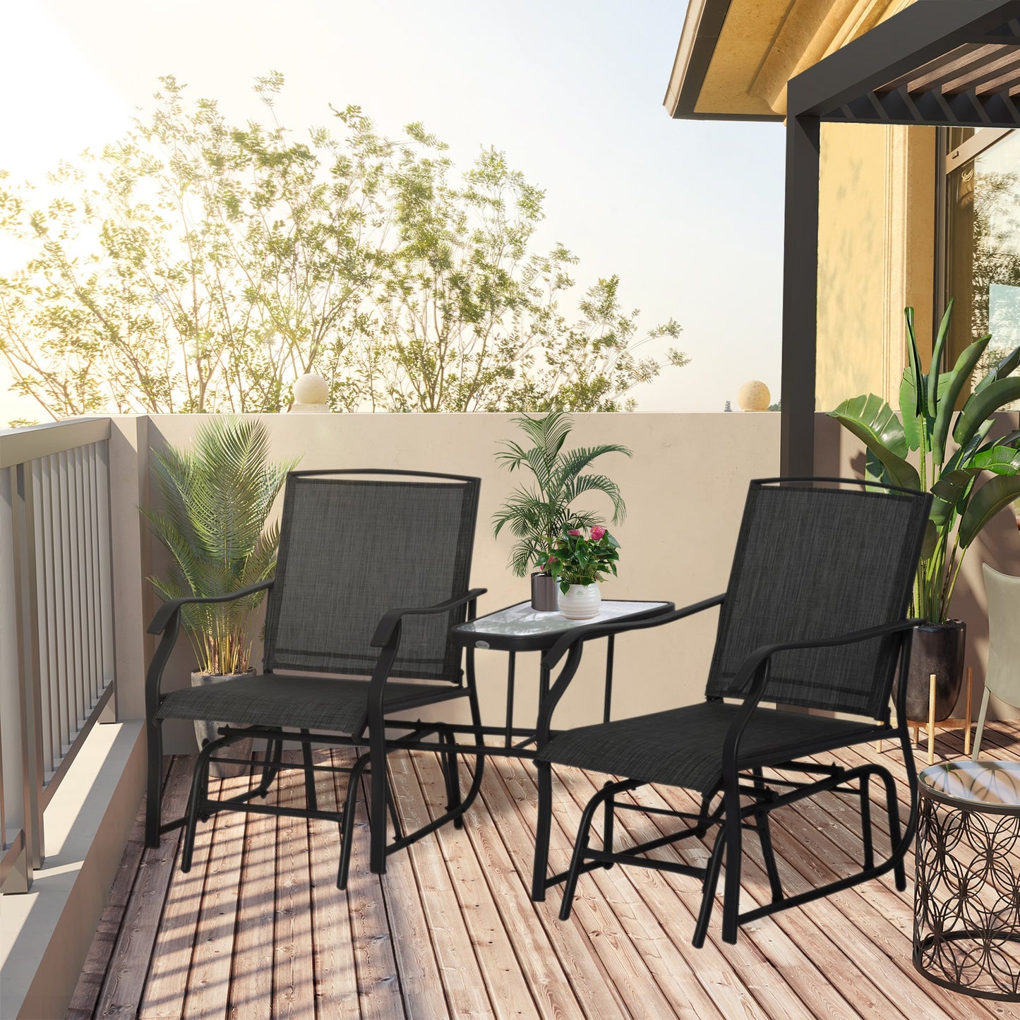 Outdoor Double Glider Rocking Chairs with Glass Top Middle Table, Metal Gliding Love Seat Conversation Furniture with Breathable Mesh Fabric Seat, for Garden, Patio, Black