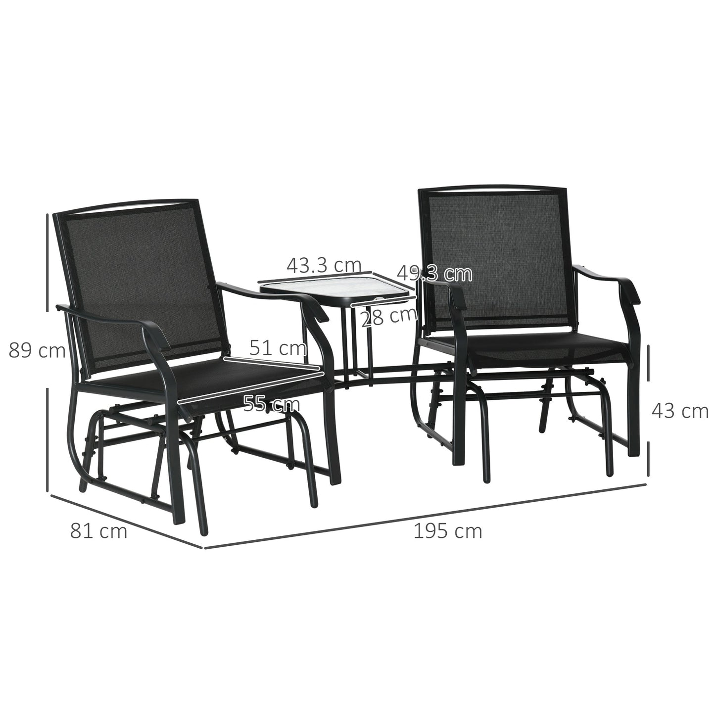 Outdoor Double Glider Rocking Chairs with Glass Top Middle Table, Metal Gliding Love Seat Conversation Furniture with Breathable Mesh Fabric Seat, for Garden, Patio, Black