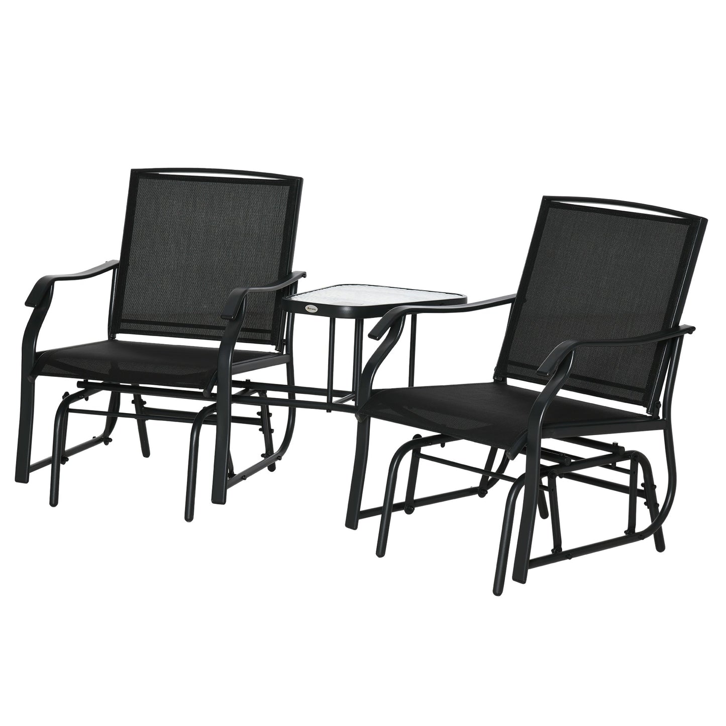 Outdoor Double Glider Rocking Chairs with Glass Top Middle Table, Metal Gliding Love Seat Conversation Furniture with Breathable Mesh Fabric Seat, for Garden, Patio, Black