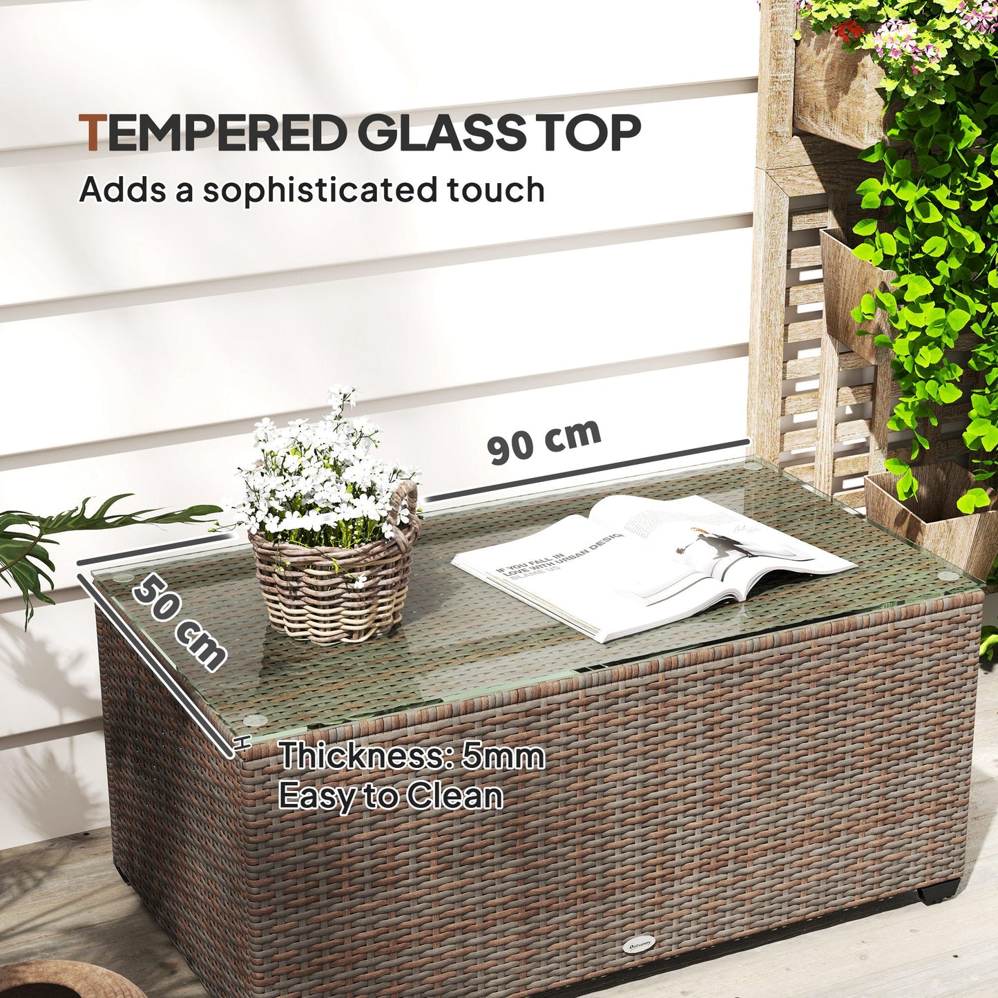 Outdoor Coffee Table, PE Rattan Side Table with Tempered Glass Top, Wicker Rectangular Garden Coffee Table End Table with Steel Frame for Patio, Balcony, 90 x 50 x 38cm, Brown