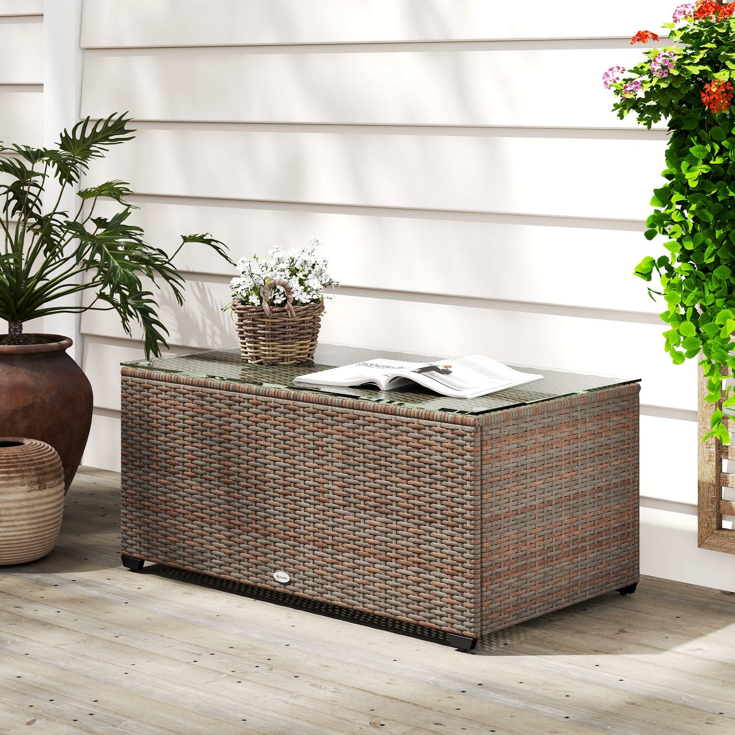 Outdoor Coffee Table, PE Rattan Side Table with Tempered Glass Top, Wicker Rectangular Garden Coffee Table End Table with Steel Frame for Patio, Balcony, 90 x 50 x 38cm, Brown