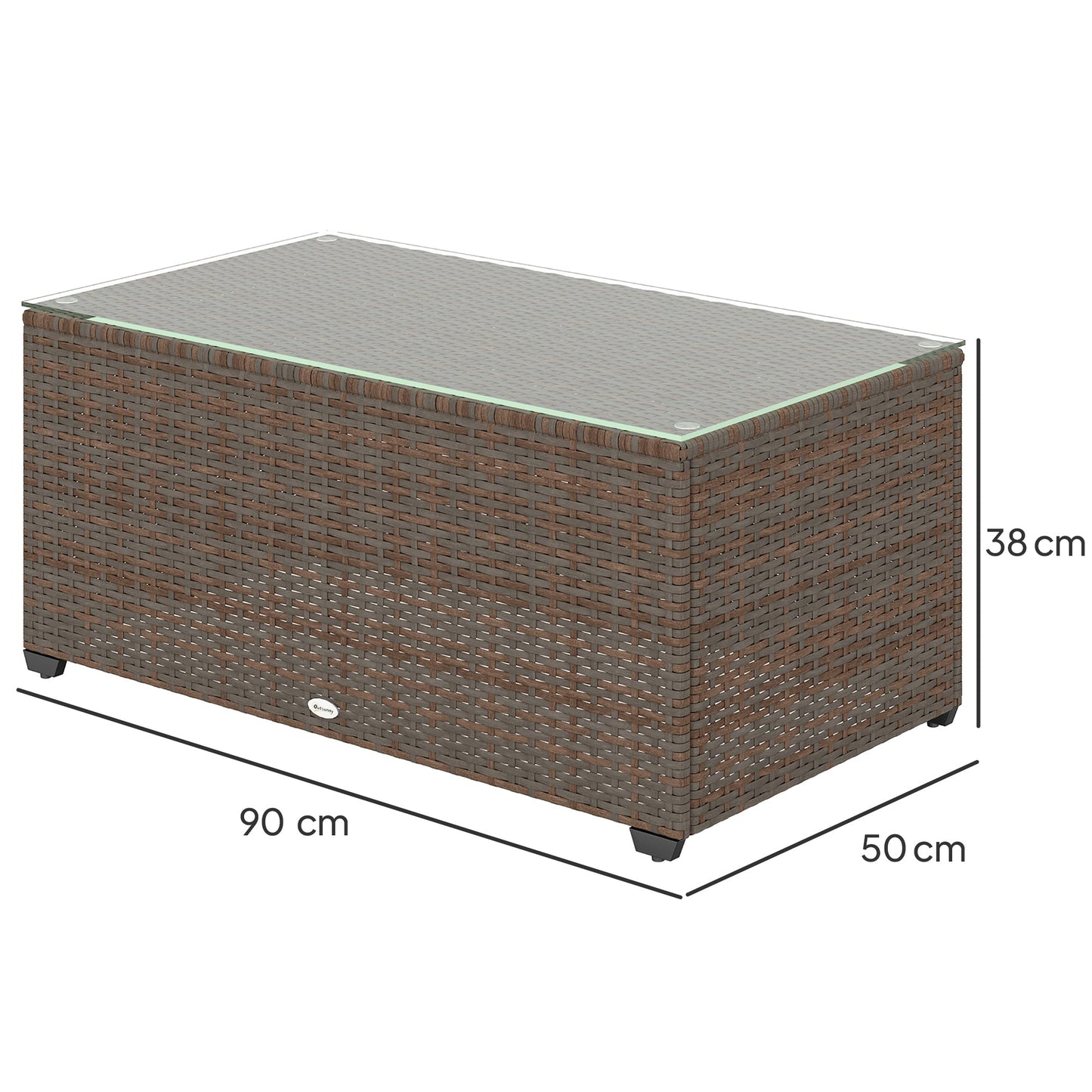 Outdoor Coffee Table, PE Rattan Side Table with Tempered Glass Top, Wicker Rectangular Garden Coffee Table End Table with Steel Frame for Patio, Balcony, 90 x 50 x 38cm, Brown