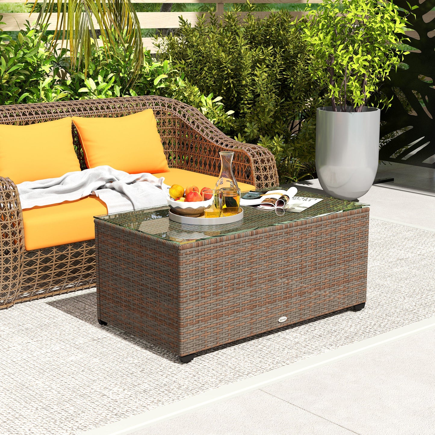Outdoor Coffee Table, PE Rattan Side Table with Tempered Glass Top, Wicker Rectangular Garden Coffee Table End Table with Steel Frame for Patio, Balcony, 90 x 50 x 38cm, Brown