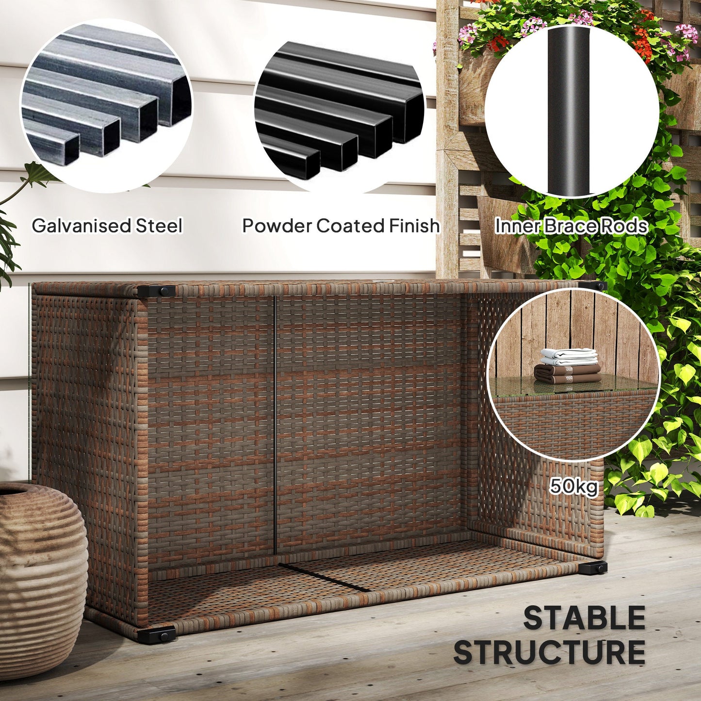 Outdoor Coffee Table, PE Rattan Side Table with Tempered Glass Top, Wicker Rectangular Garden Coffee Table End Table with Steel Frame for Patio, Balcony, 90 x 50 x 38cm, Brown