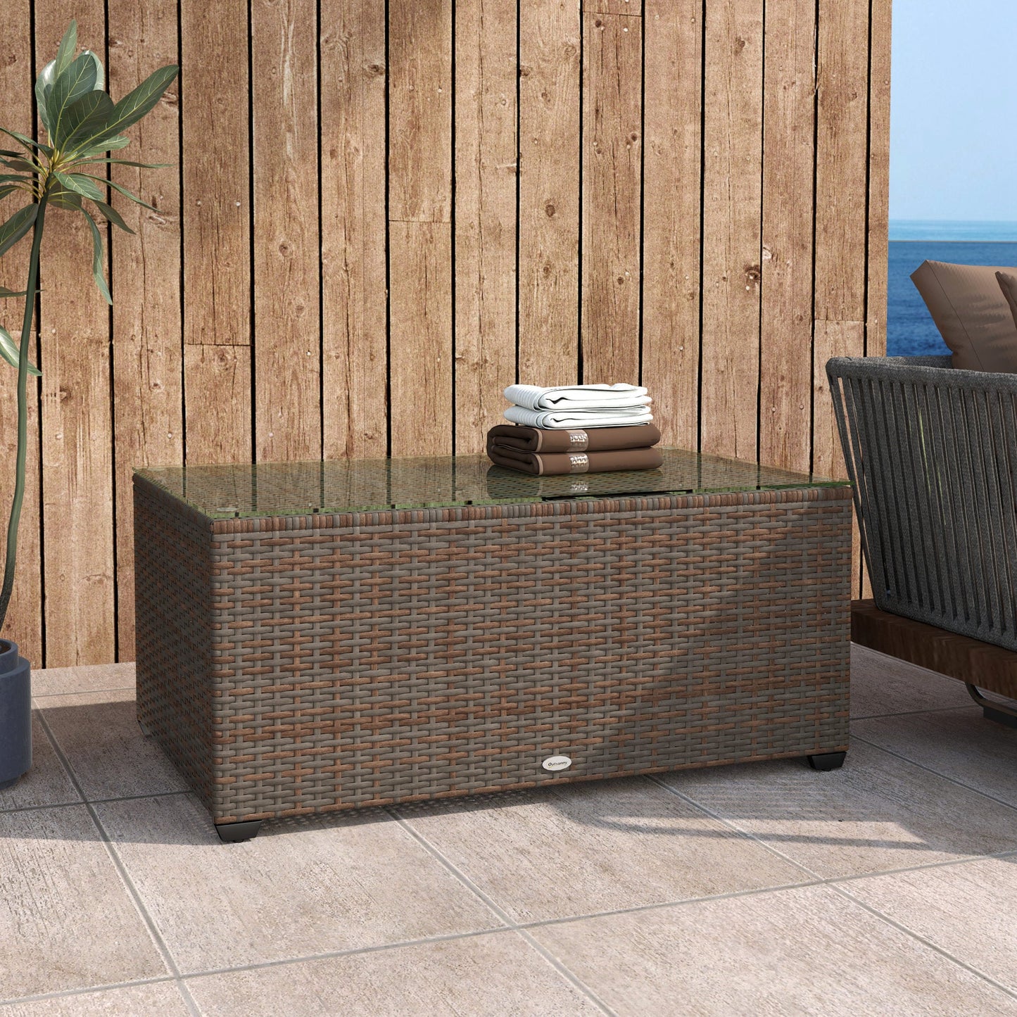 Outdoor Coffee Table, PE Rattan Side Table with Tempered Glass Top, Wicker Rectangular Garden Coffee Table End Table with Steel Frame for Patio, Balcony, 90 x 50 x 38cm, Brown