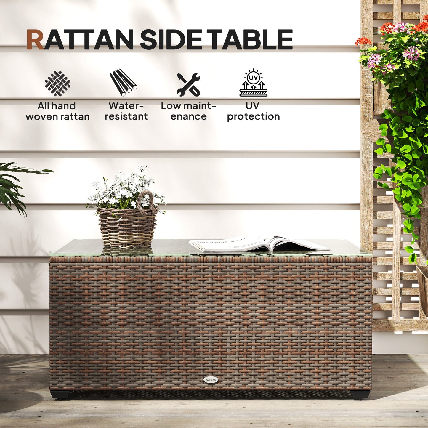 Outdoor Coffee Table, PE Rattan Side Table with Tempered Glass Top, Wicker Rectangular Garden Coffee Table End Table with Steel Frame for Patio, Balcony, 90 x 50 x 38cm, Brown