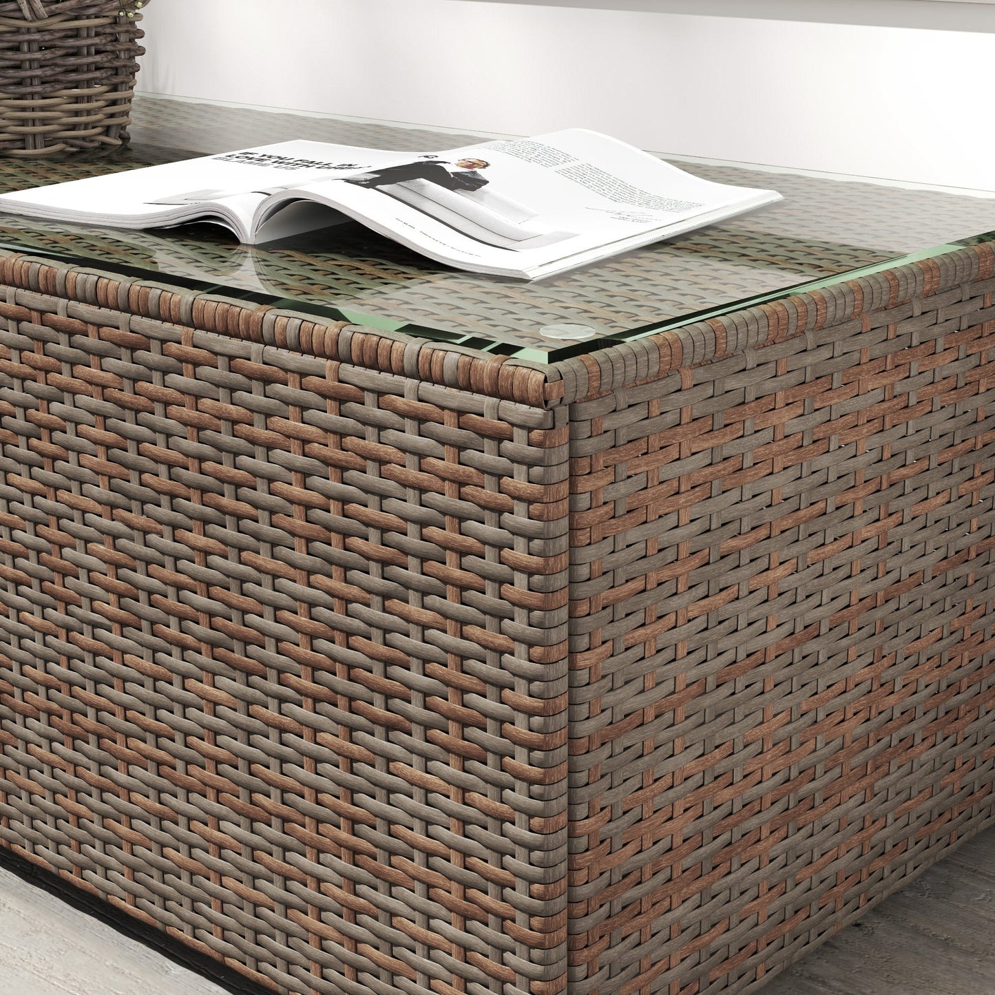 Outdoor Coffee Table, PE Rattan Side Table with Tempered Glass Top, Wicker Rectangular Garden Coffee Table End Table with Steel Frame for Patio, Balcony, 90 x 50 x 38cm, Brown