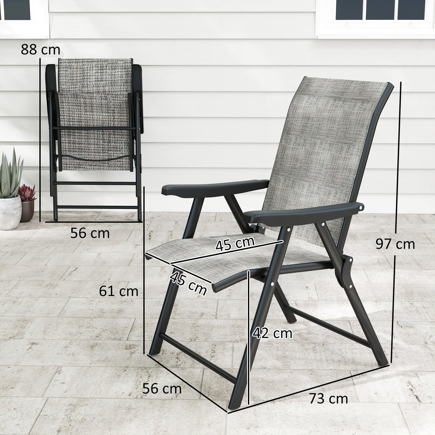 Set of 2 Folding Chair, Garden Chair Set with Breathable Mesh Back and Seat, Outdoor Camping Chairs with Armrests, Steel Frame for Deck Balcony, Black and Grey