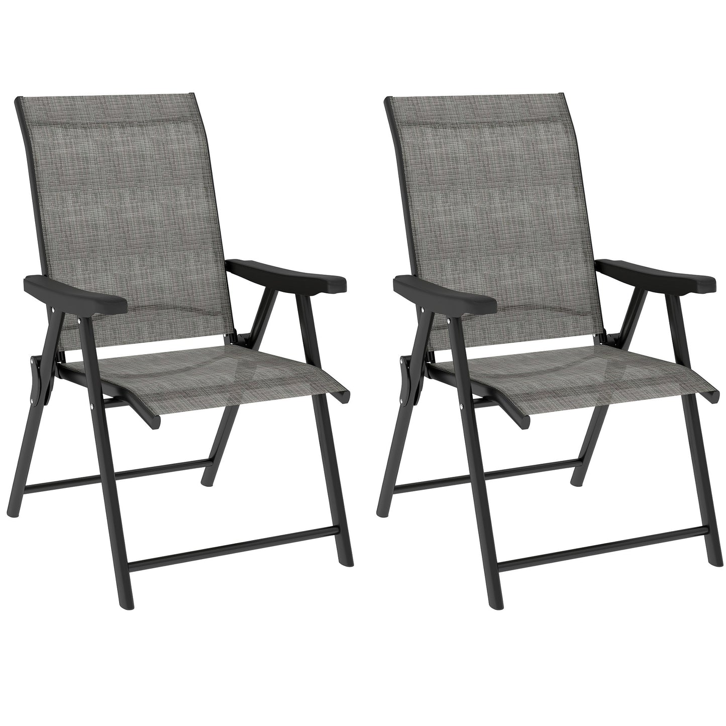 Set of 2 Folding Chair, Garden Chair Set with Breathable Mesh Back and Seat, Outdoor Camping Chairs with Armrests, Steel Frame for Deck Balcony, Black and Grey