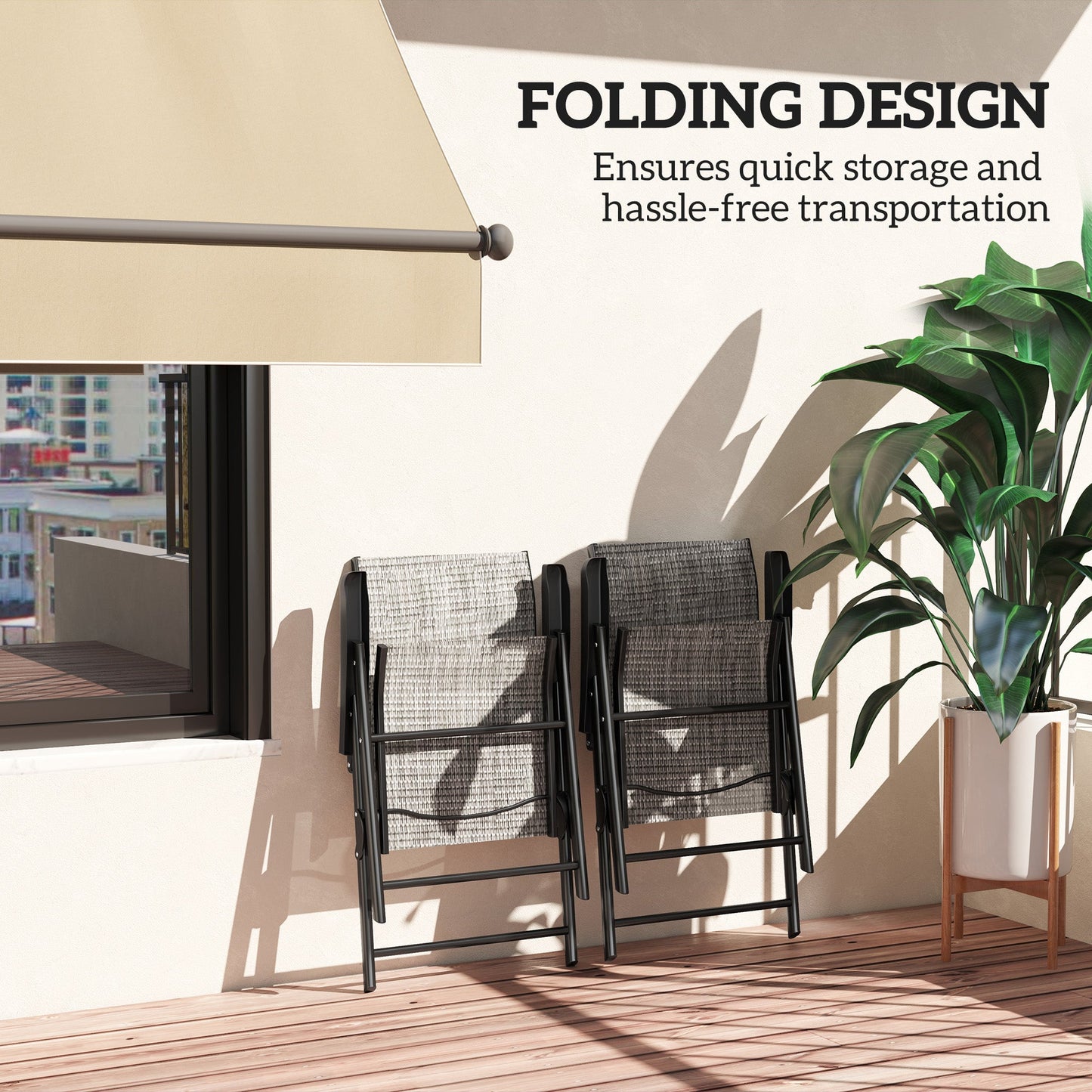 Set of 2 Folding Chair, Garden Chair Set with Breathable Mesh Back and Seat, Outdoor Camping Chairs with Armrests, Steel Frame for Deck Balcony, Black and Grey