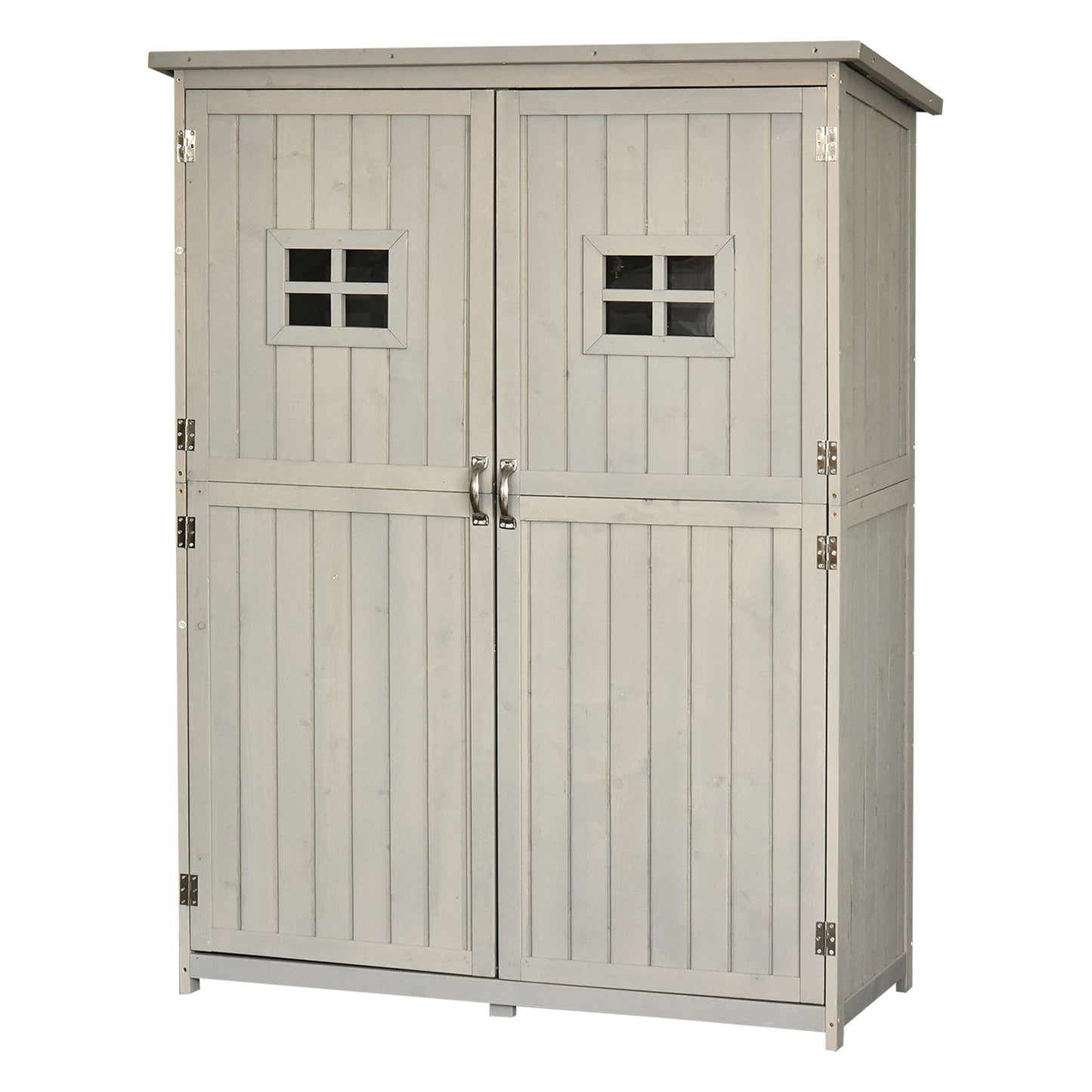 Wooden Garden Shed with Two Windows, Tool Storage Cabinet, Outdoor Double Door Organizer 127.5L x 50W x 164H cm, Grey