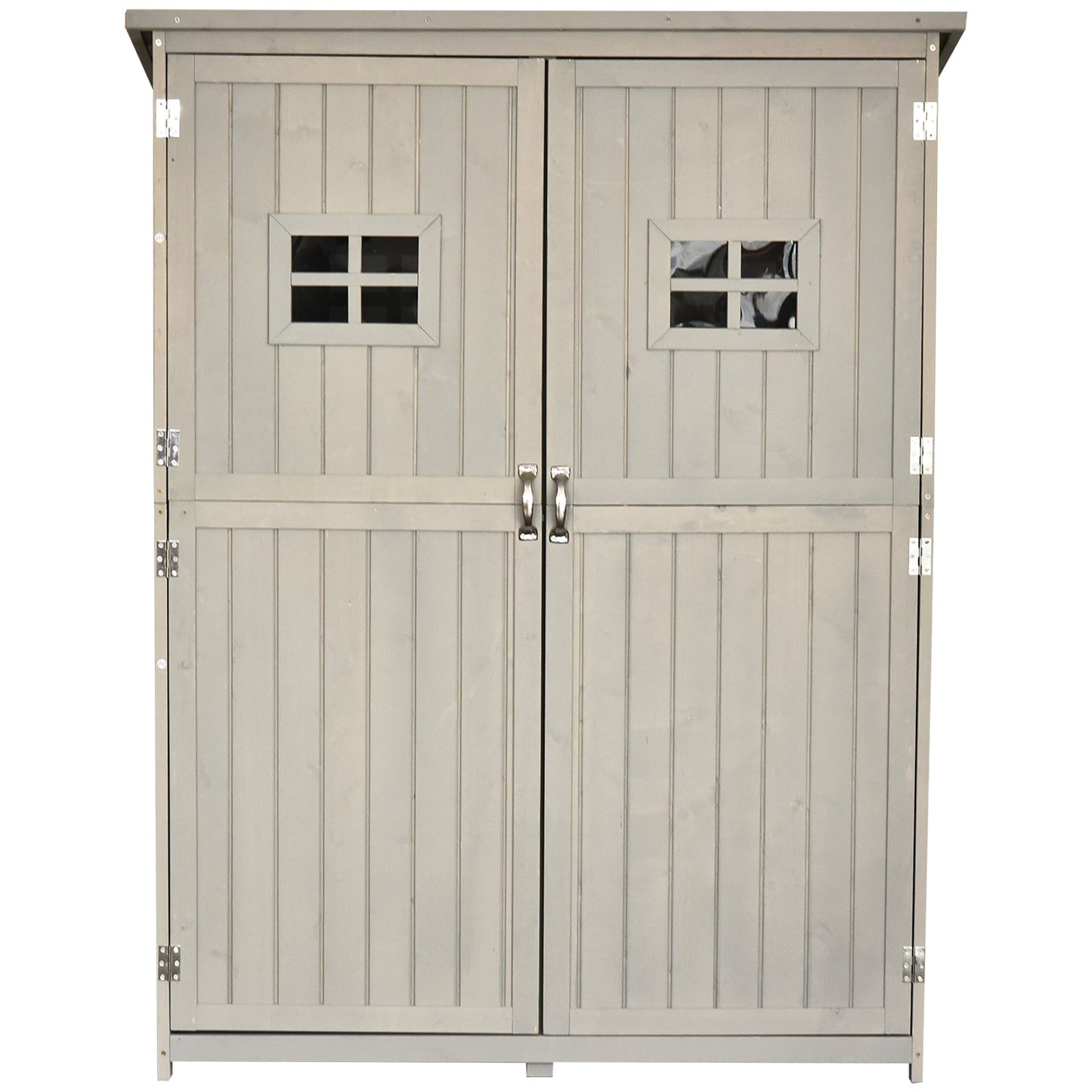 Wooden Garden Shed with Two Windows, Tool Storage Cabinet, Outdoor Double Door Organizer 127.5L x 50W x 164H cm, Grey