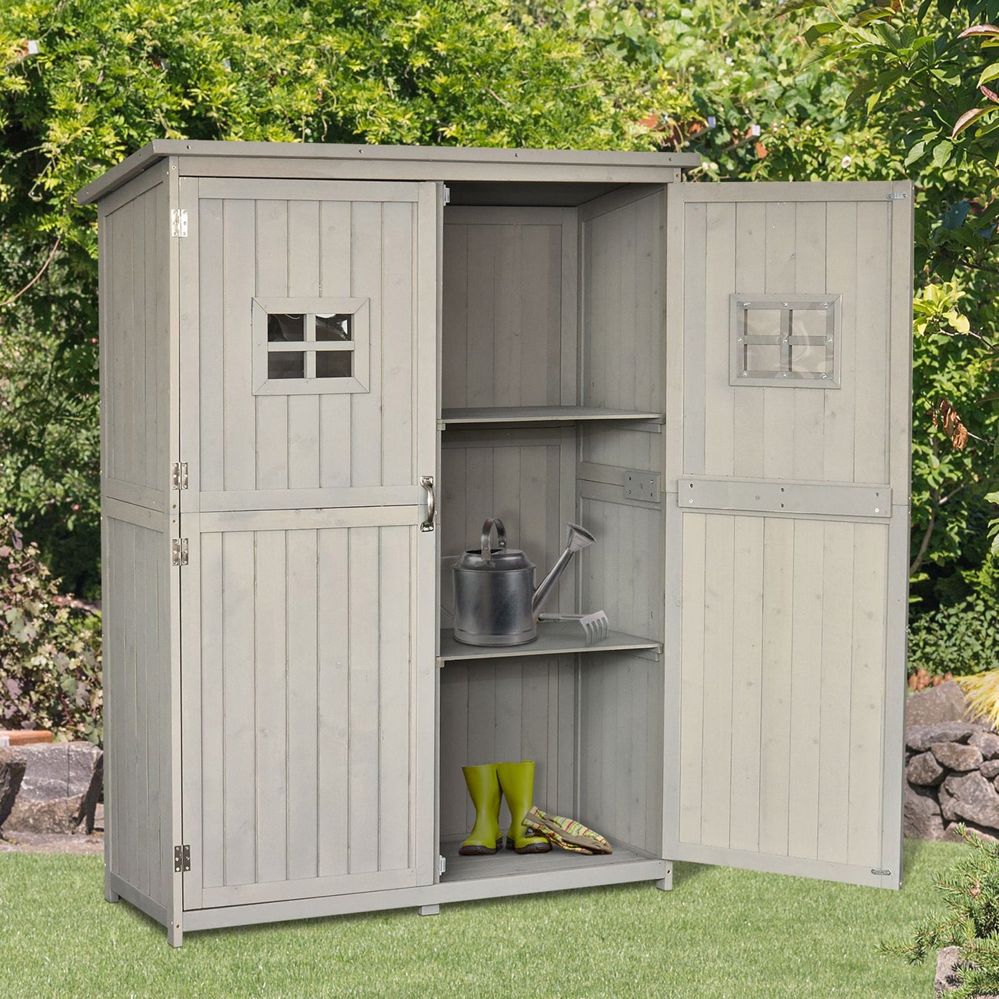 Wooden Garden Shed with Two Windows, Tool Storage Cabinet, Outdoor Double Door Organizer 127.5L x 50W x 164H cm, Grey