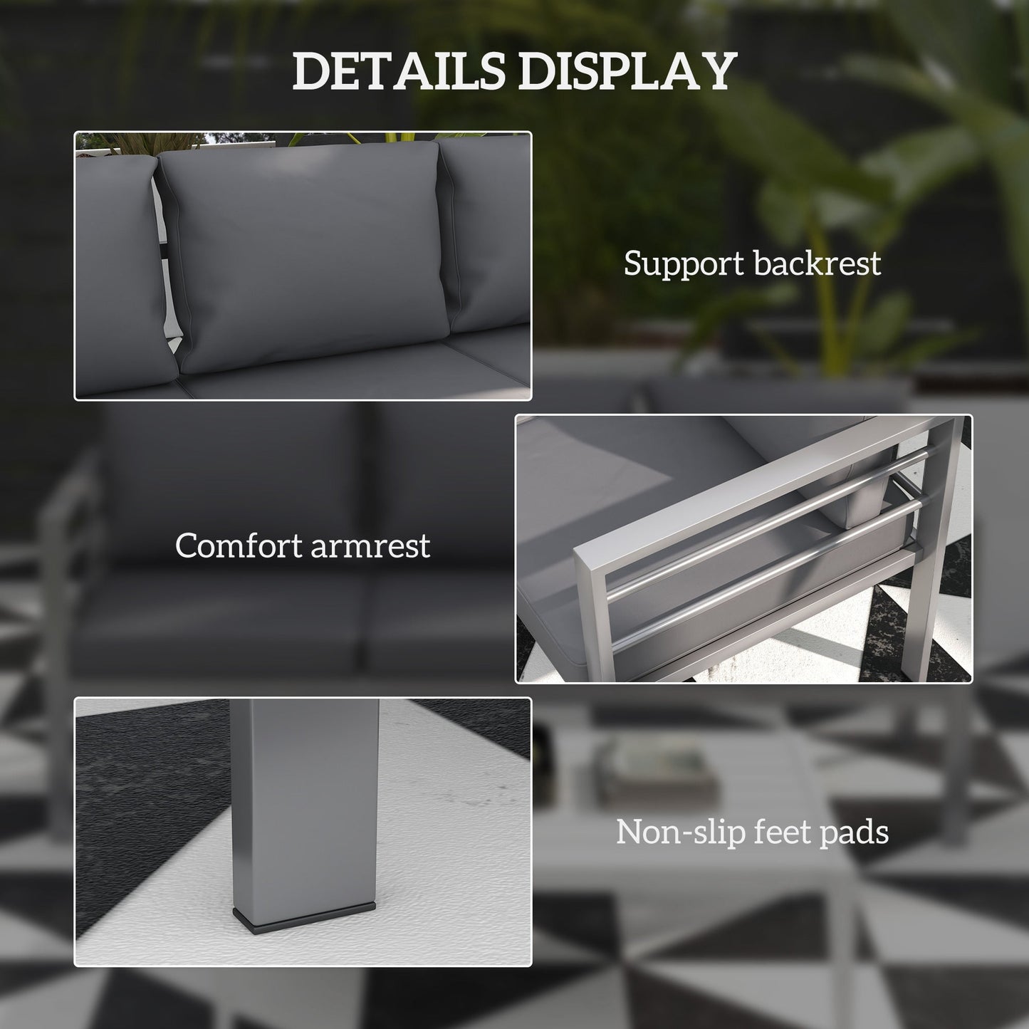 Garden Bench with Cushions, 3-Seater Sofa, Aluminium Frame Outdoor Furniture with Backrest, Armrest and Back Cushions, 185 x 66 x 64cm, Grey