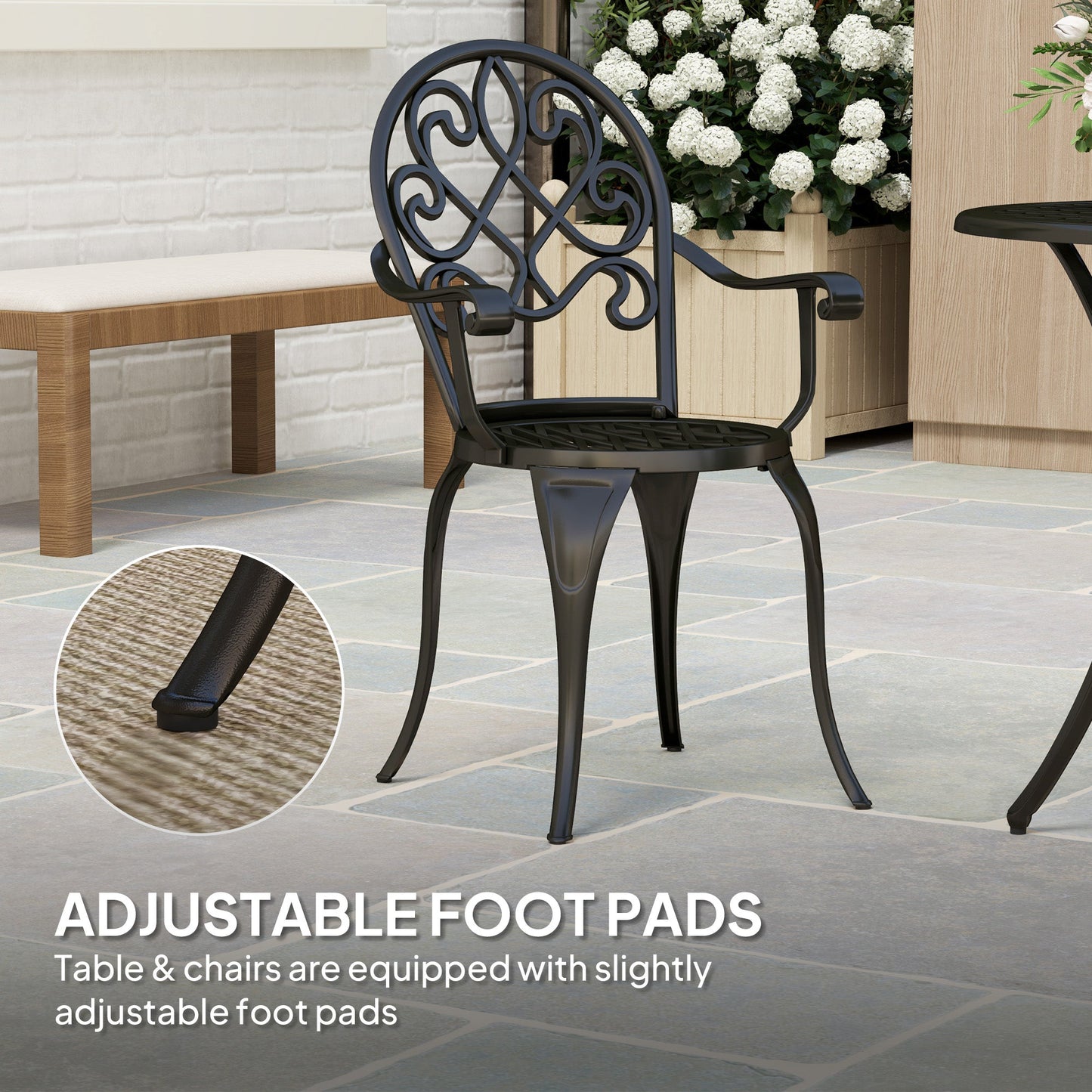3 Piece Patio Bistro Set for 2, Outdoor Aluminium Garden Table and Chairs with Adjustable Footpads for Balcony, Garden and Patio, Black