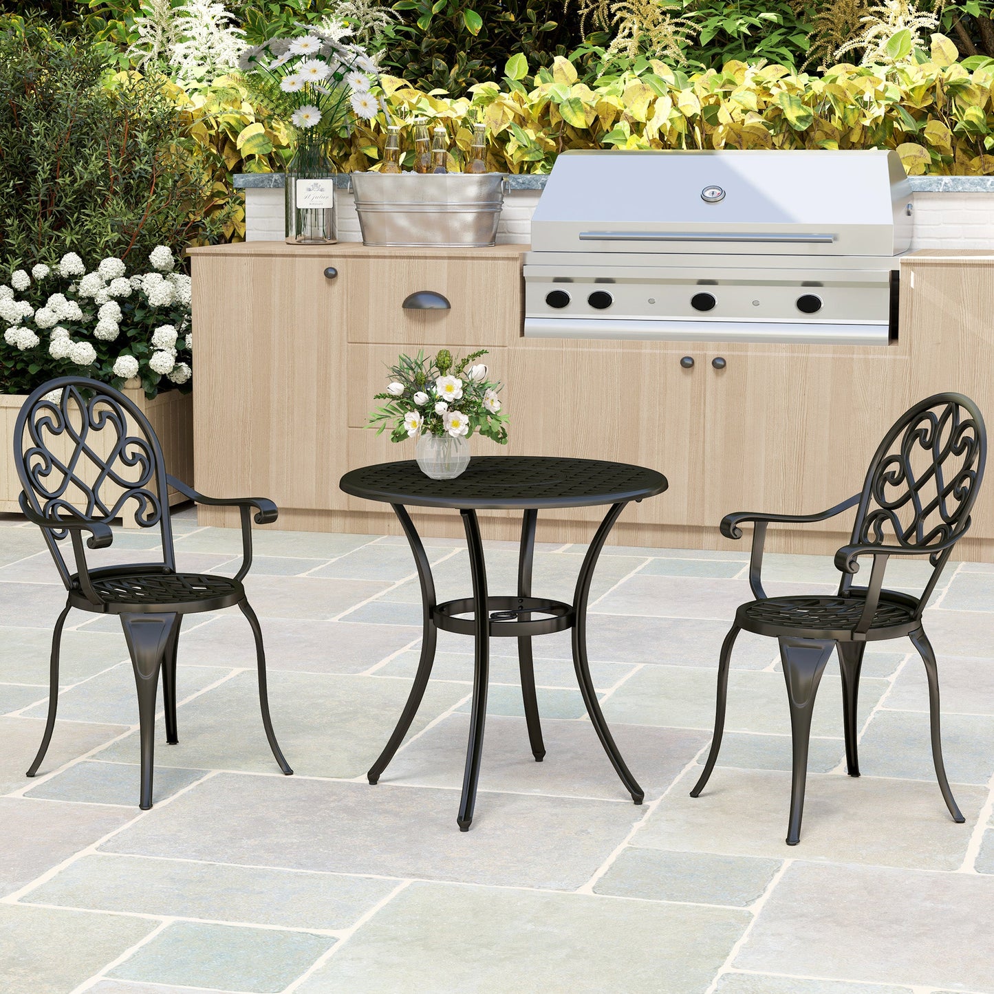 3 Piece Patio Bistro Set for 2, Outdoor Aluminium Garden Table and Chairs with Adjustable Footpads for Balcony, Garden and Patio, Black