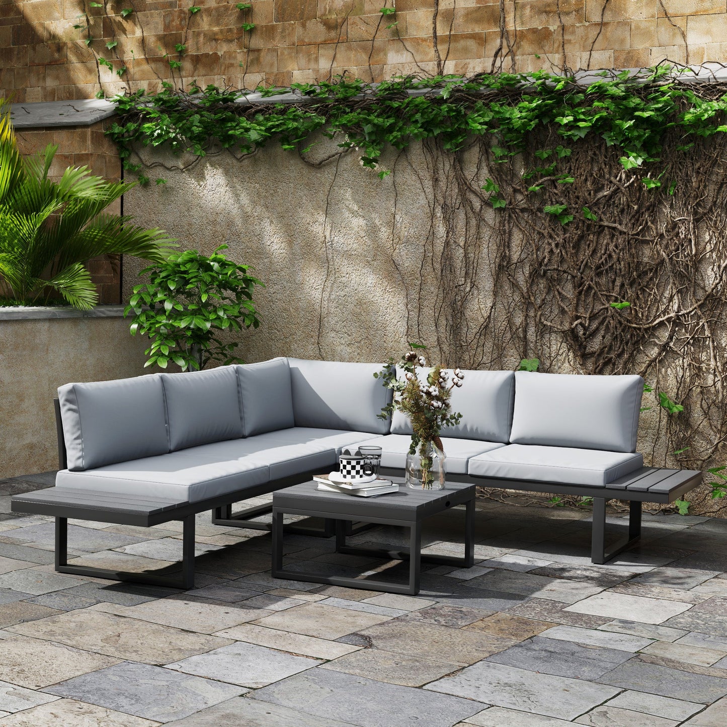 4 Pieces Patio Garden Set with 5-Level Recline Corner Sofa, Outdoor Garden Lounge Sectional Conversation Sofa Set with Cushions, Wood Grain Plastic Table, Black Frame Light Grey Cushion
