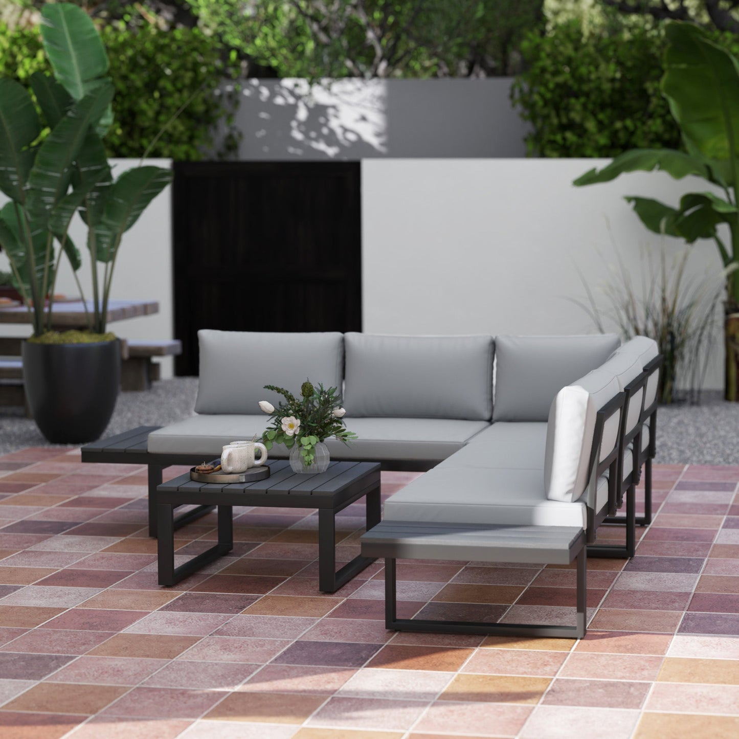 4 Pieces Patio Garden Set with 5-Level Recline Corner Sofa, Outdoor Garden Lounge Sectional Conversation Sofa Set with Cushions, Wood Grain Plastic Table, Black Frame Light Grey Cushion