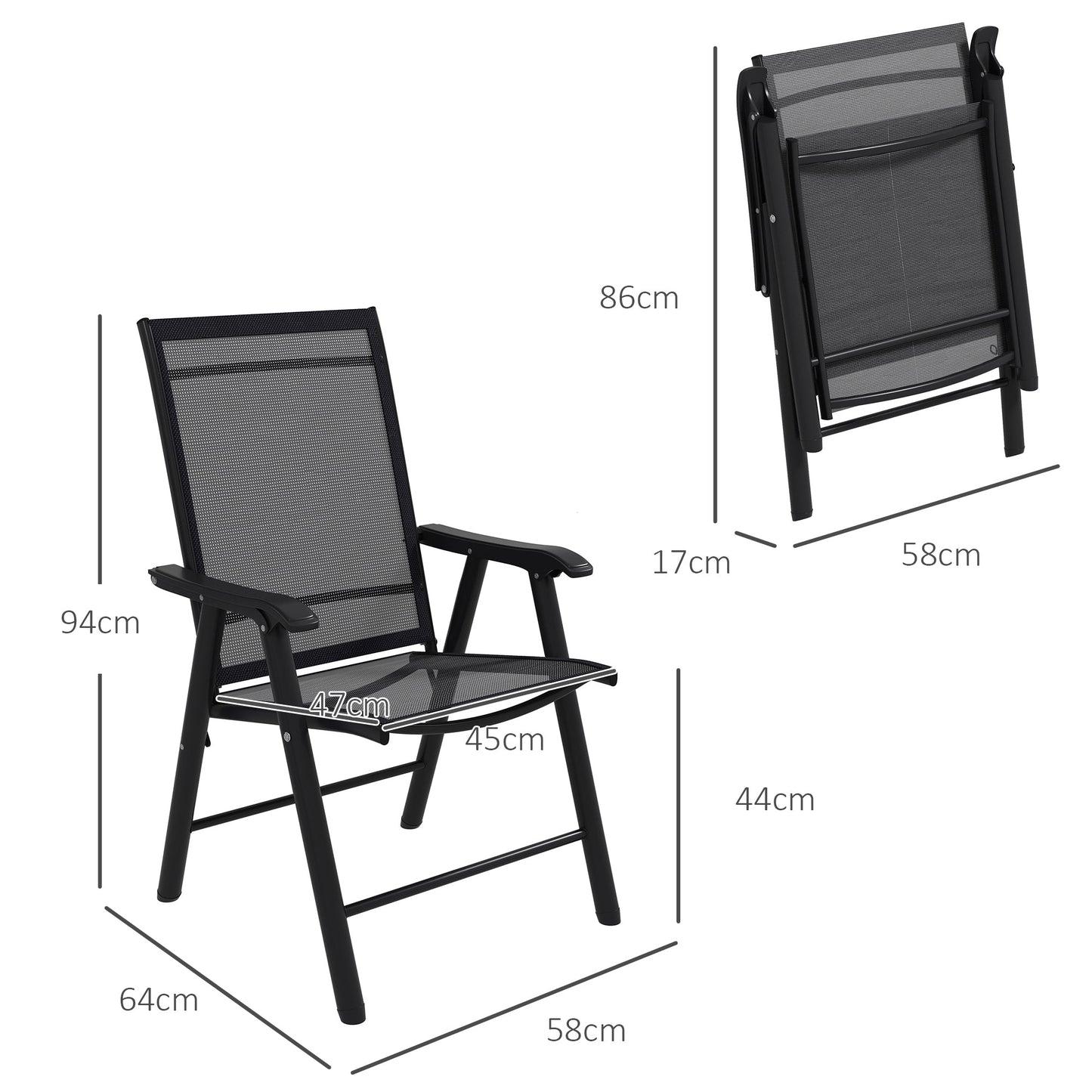 Set of 4 Folding Garden Chairs, Metal Frame Garden Chairs Outdoor Patio Park Dining Seat with Breathable Mesh Seat, Black