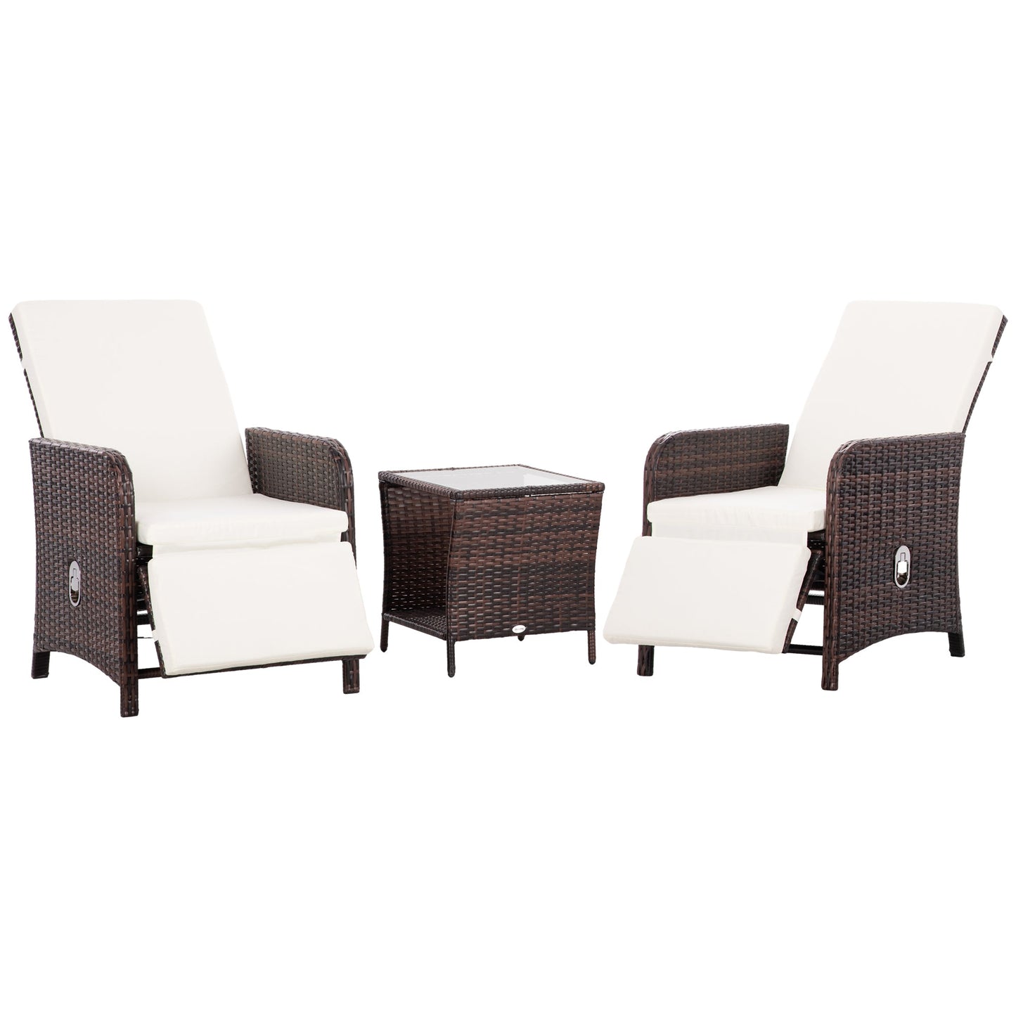 3 Pieces Garden Rattan Bistro Set with Adjustable Backrest, Balcony Conversation Furniture Set with 2 Armchairs Tempered Glass Coffee Table, Cushions, Storage Function - Mixed-Brown