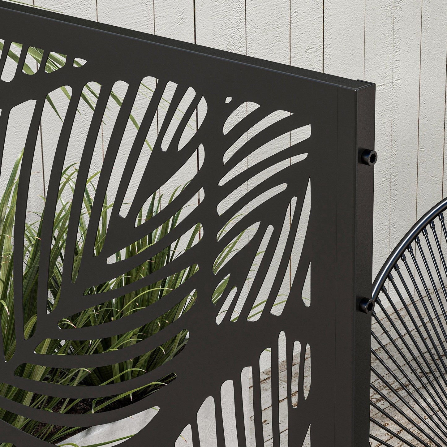 Decorative Garden Privacy Screen with Stand, 6.5FT Freestanding Metal Outdoor Divider, Decorative Privacy Panel with Expansion Screws for Garden Pool Hot Tub, Leaf Style, Black