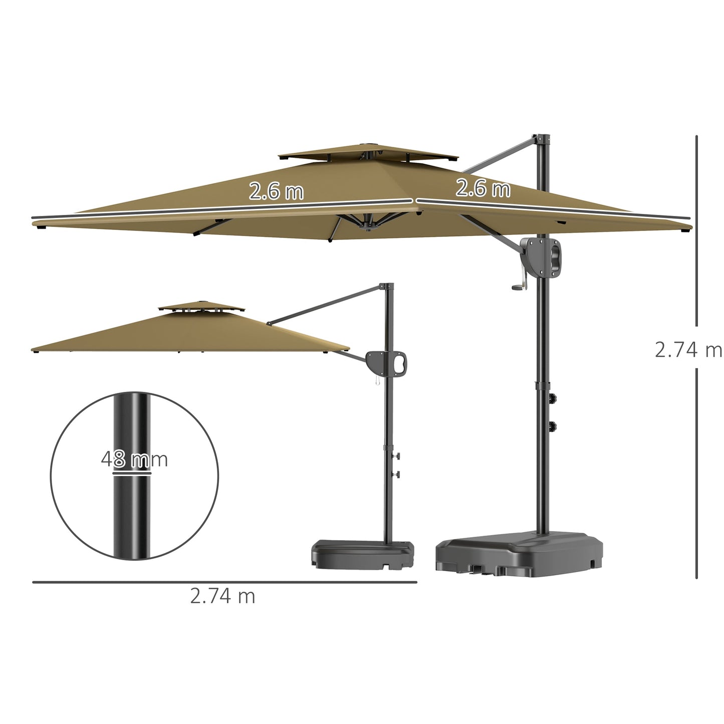 2.5m Garden Cantilever Parasol with Fillable Base, Up to 40kg, Double Top Garden Parasol, Square Overhanging Patio Umbrella with Crank Handle and Tilt for Outdoor Sun Shade, Khaki