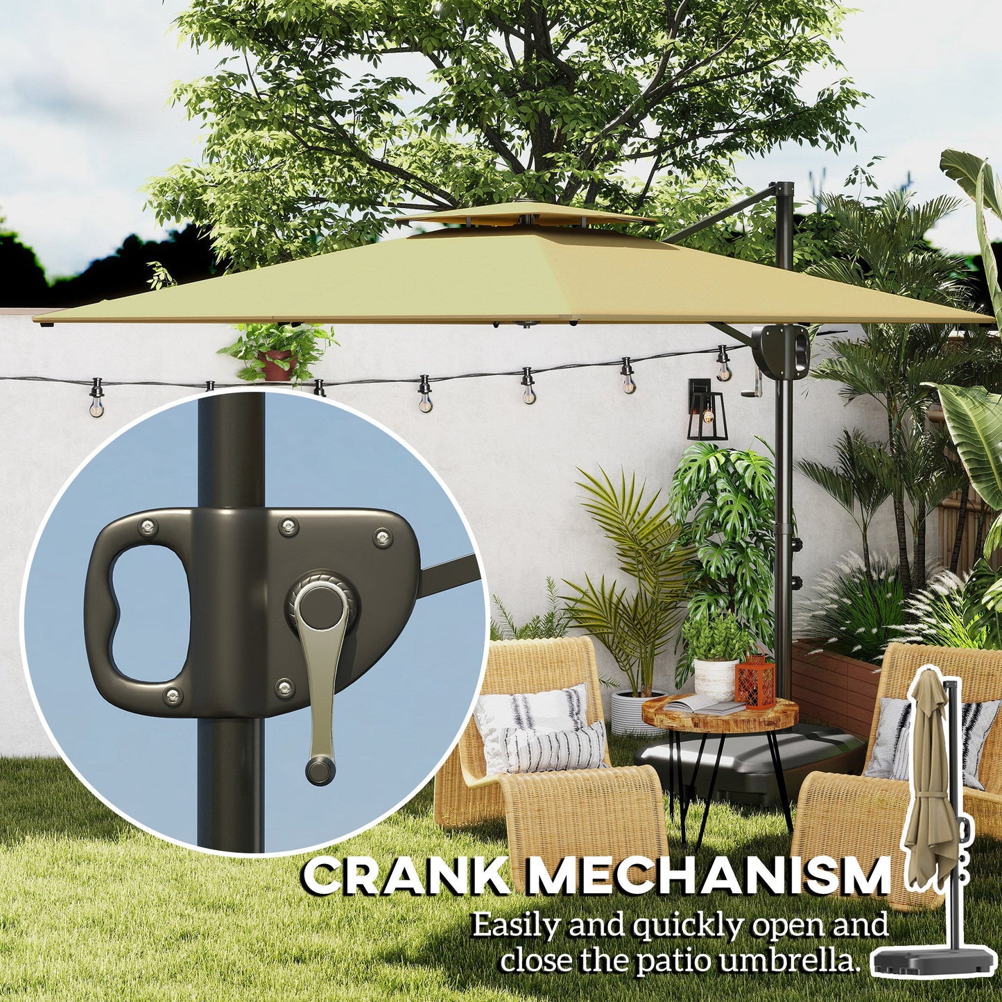2.5m Garden Cantilever Parasol with Fillable Base, Up to 40kg, Double Top Garden Parasol, Square Overhanging Patio Umbrella with Crank Handle and Tilt for Outdoor Sun Shade, Khaki