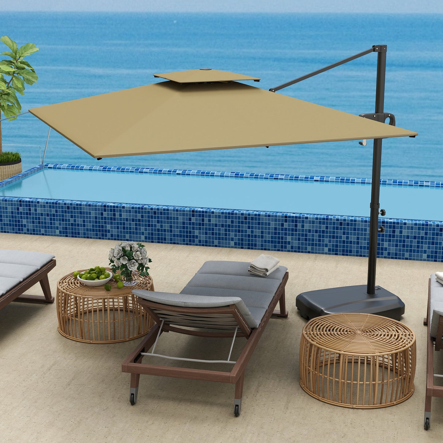 2.5m Garden Cantilever Parasol with Fillable Base, Up to 40kg, Double Top Garden Parasol, Square Overhanging Patio Umbrella with Crank Handle and Tilt for Outdoor Sun Shade, Khaki