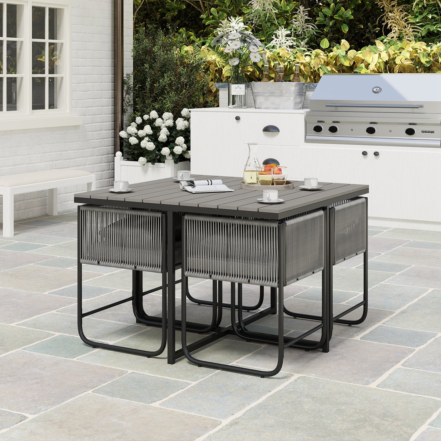 4 Seater Rattan Cube Garden Furniture Set, Rattan Dining Set with Cushions, Outdoor Dining Table and Chairs with Rectangular Wood Grain Plastic Top Table for Patio, Balcony, Grey