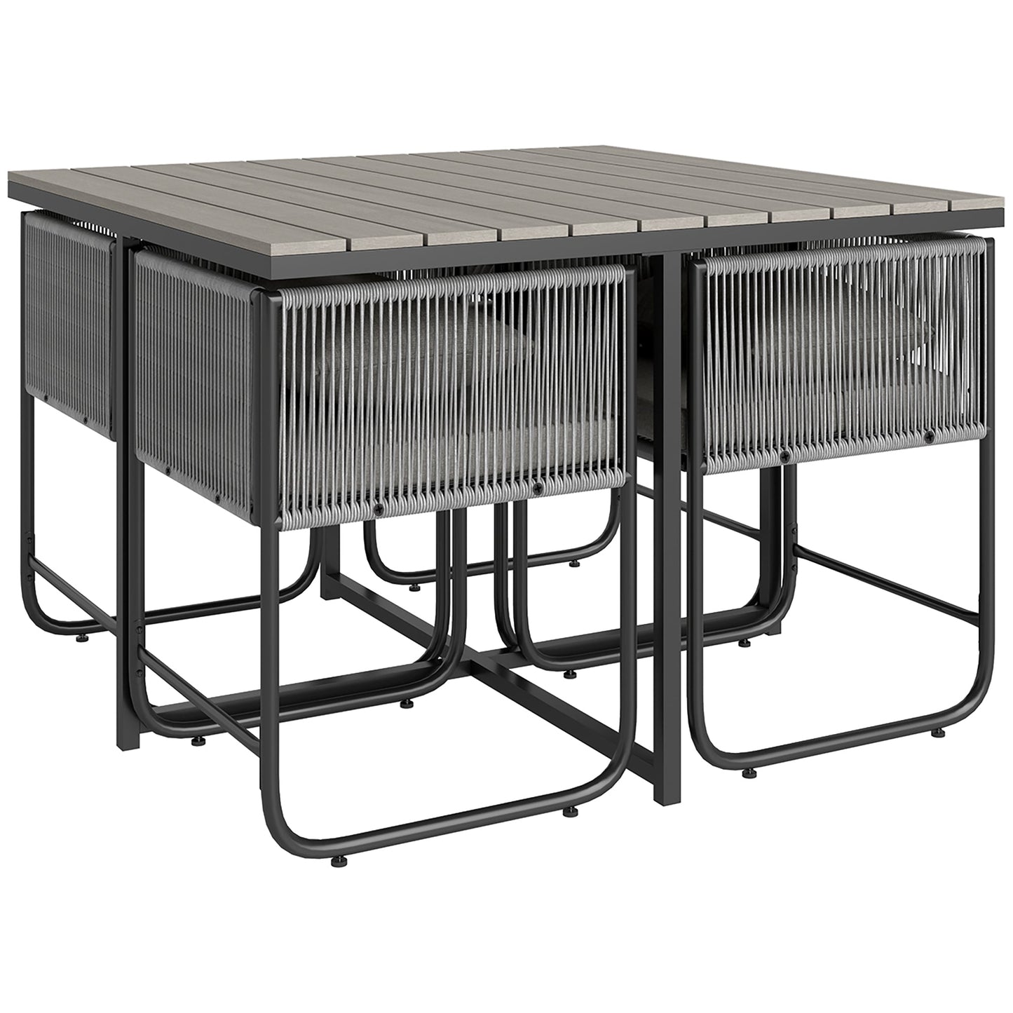 4 Seater Rattan Cube Garden Furniture Set, Rattan Dining Set with Cushions, Outdoor Dining Table and Chairs with Rectangular Wood Grain Plastic Top Table for Patio, Balcony, Grey