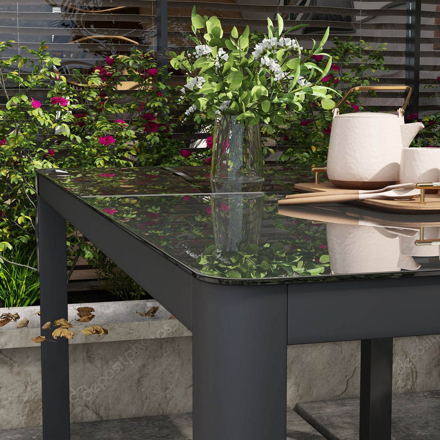 Outdoor Dining Table for 6, Tempered Glass Top and Aluminium Frame, Garden Table for Balcony, Porch, Terrace, 150cm x 88cm, Grey