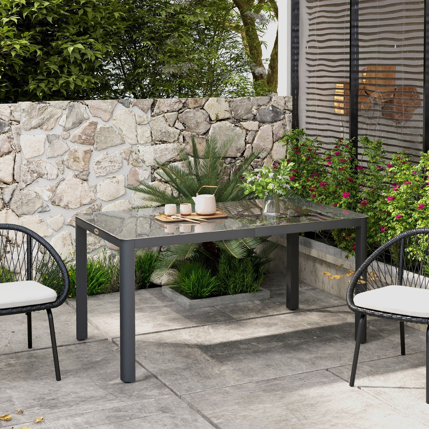 Outdoor Dining Table for 6, Tempered Glass Top and Aluminium Frame, Garden Table for Balcony, Porch, Terrace, 150cm x 88cm, Grey