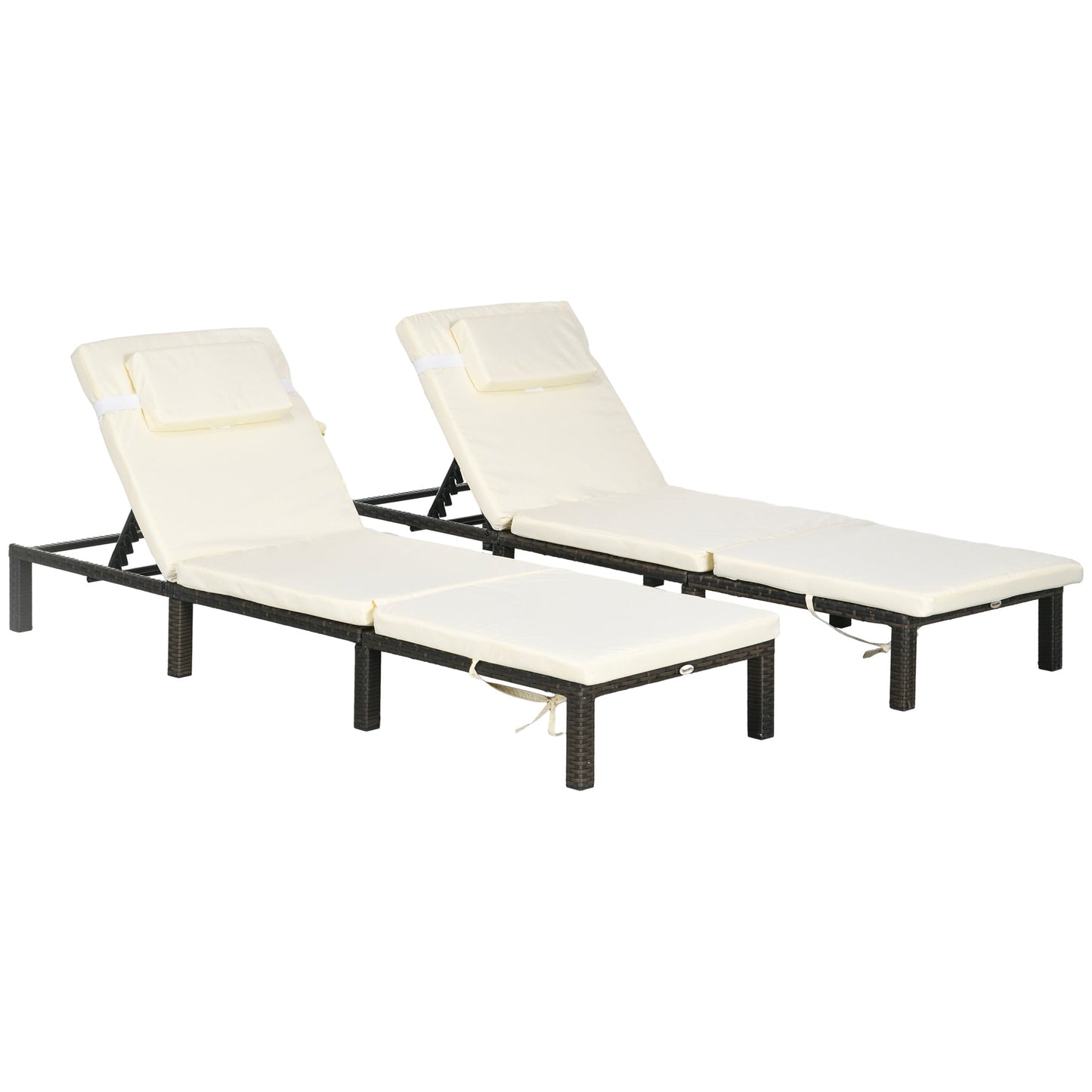 Rattan Sun Lounger Set of 2, 5-Level Adjustable Garden Lounger Recliner with Cushion and Headrest, Outdoor Reclining Sunbed, Steel Frame Garden Chair for Patio, Beach, Terrace, Cream White