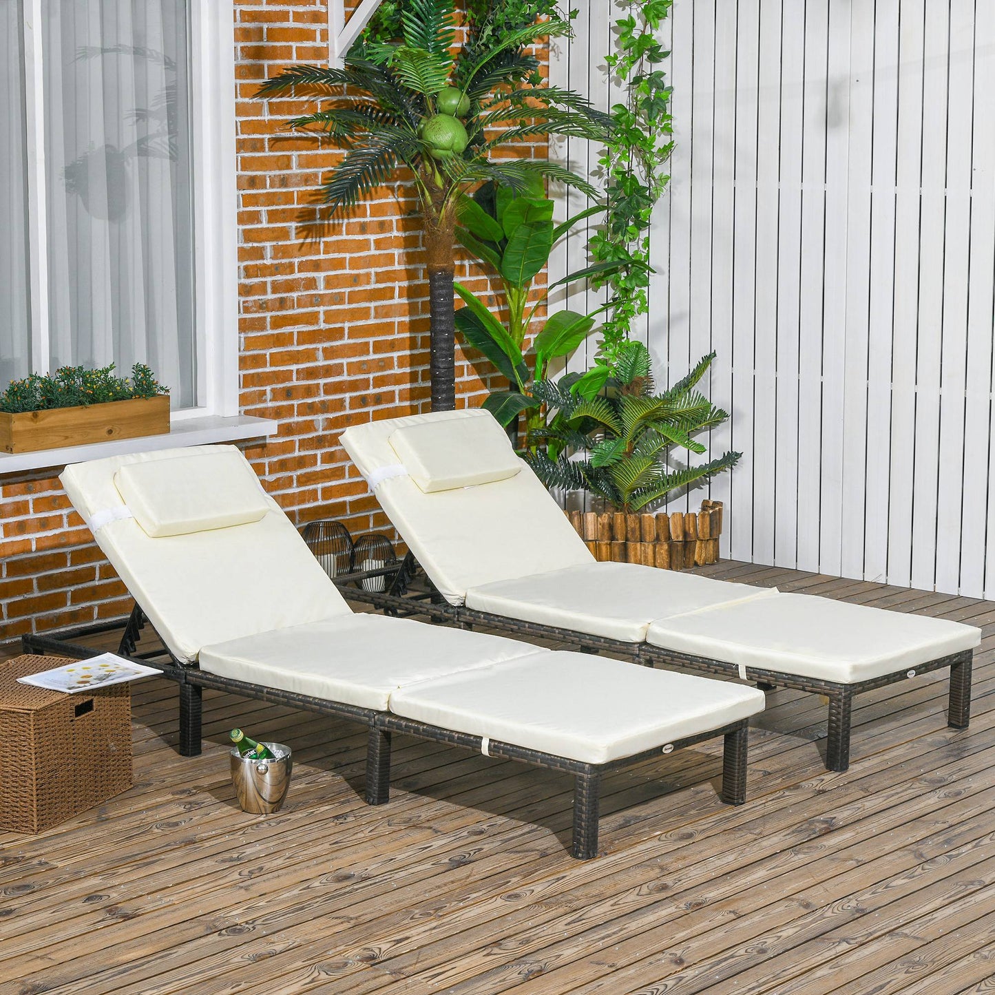 Rattan Sun Lounger Set of 2, 5-Level Adjustable Garden Lounger Recliner with Cushion and Headrest, Outdoor Reclining Sunbed, Steel Frame Garden Chair for Patio, Beach, Terrace, Cream White
